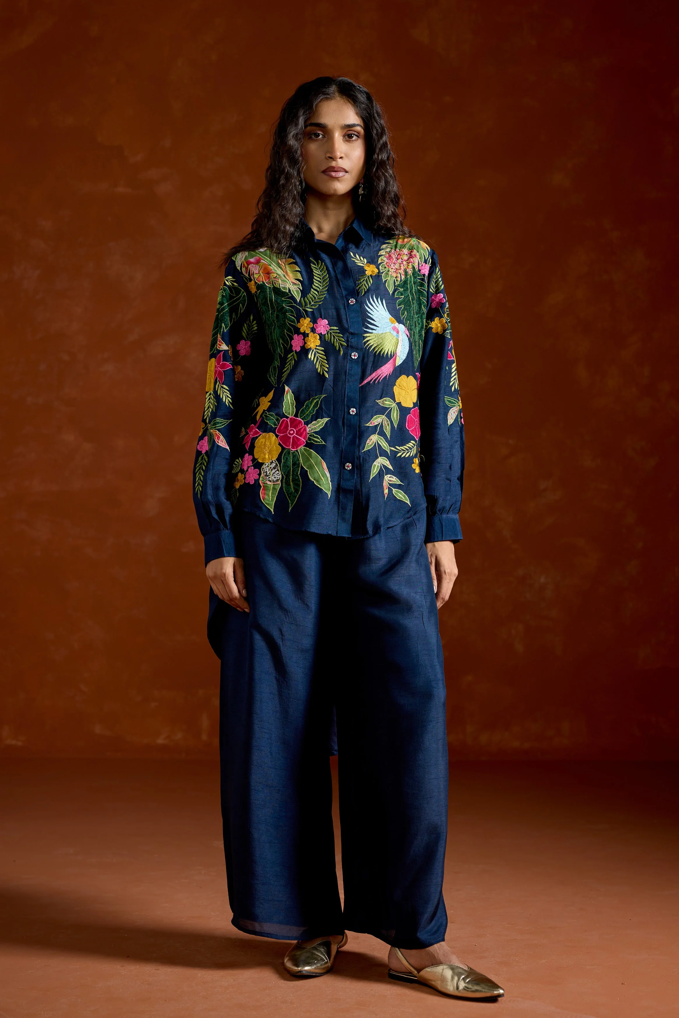 Navy Blue Embroidered Raw Silk Co-Ord Set