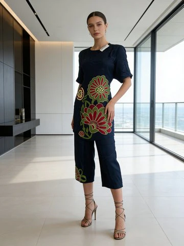 Navy Blue Embroidered Raw Silk Co-Ord Set - Image 2