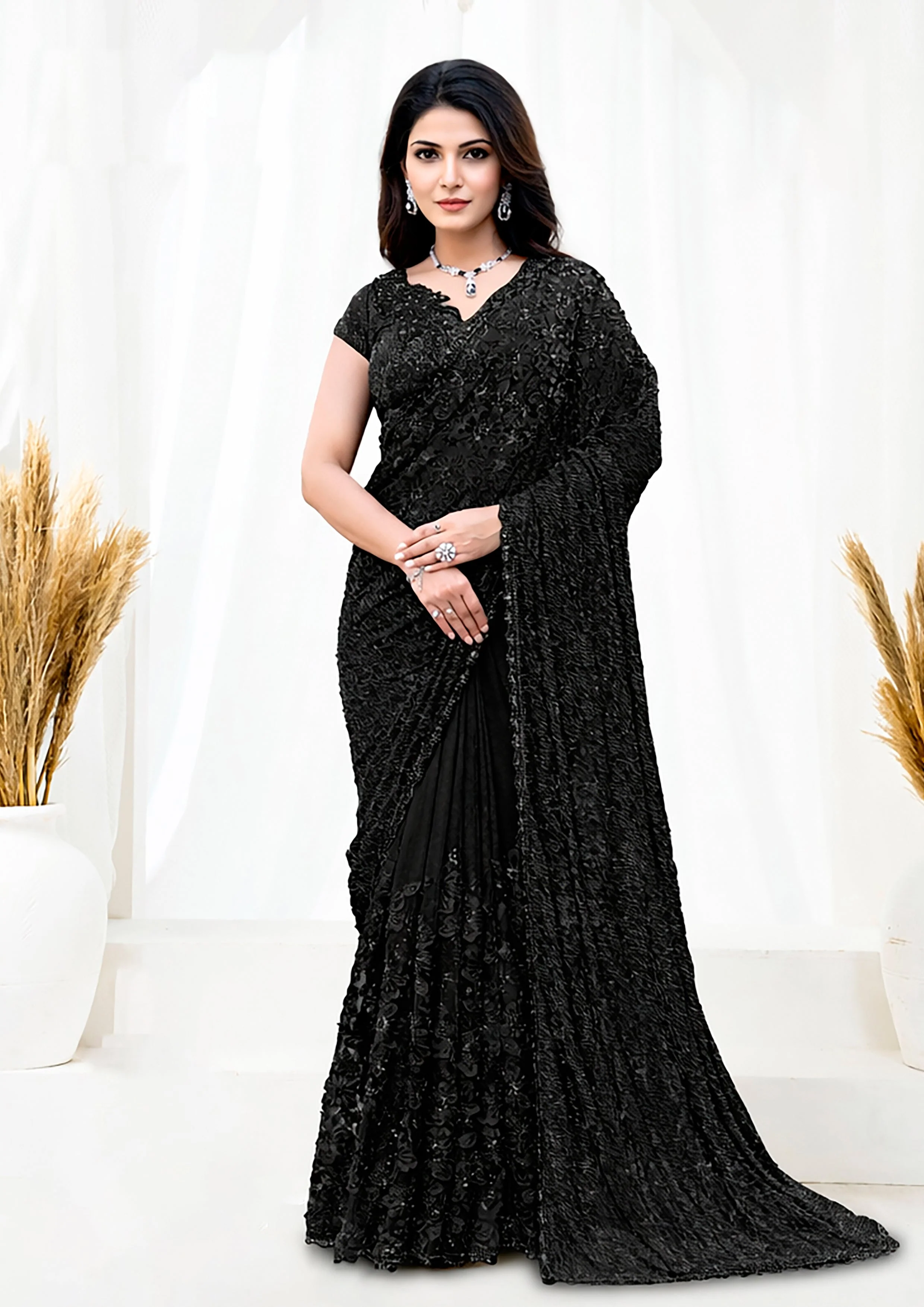 Noir Shimmer Embellished Tule Saree