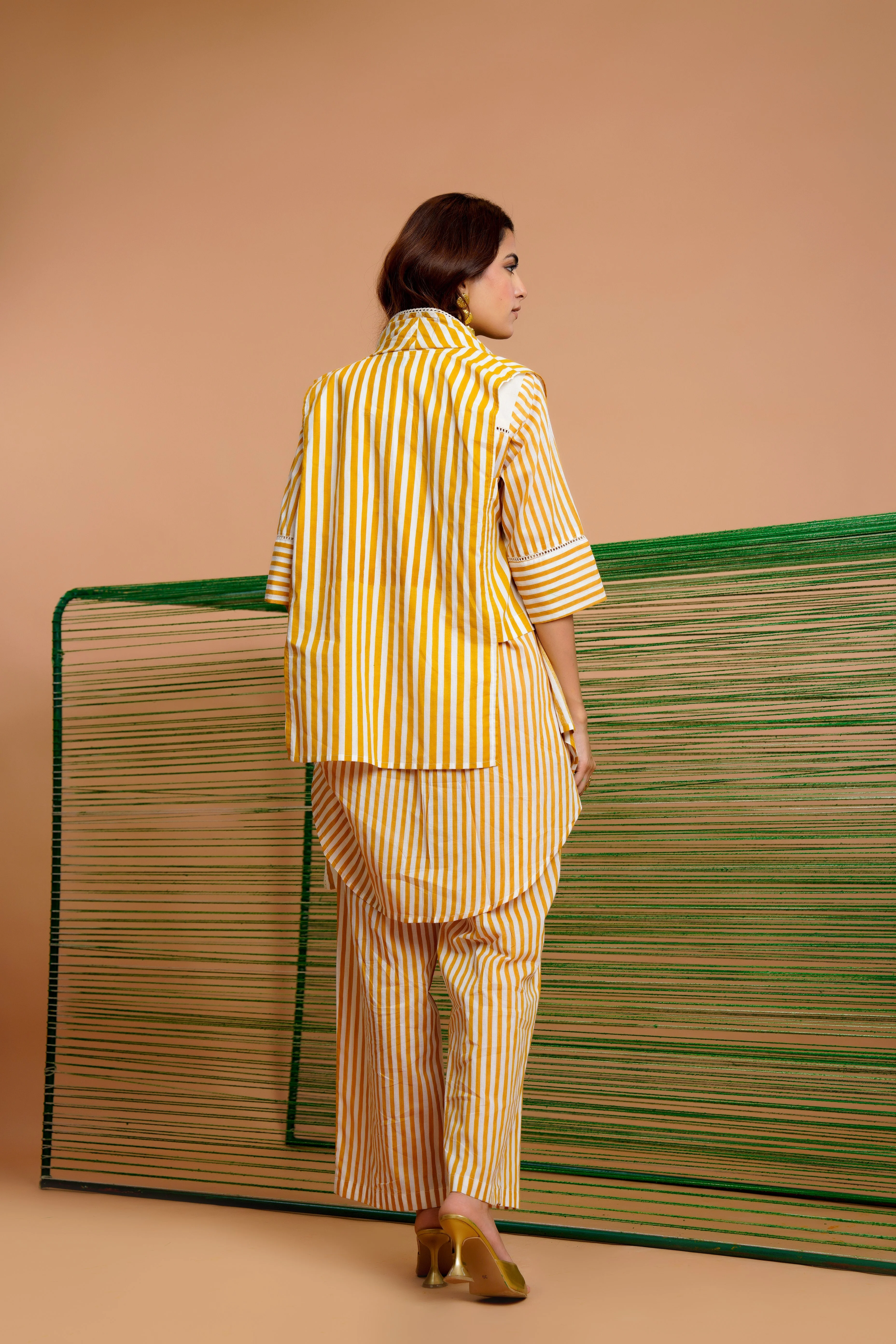 Ochre Stripe Embellished Mul Chanderi Co-Ord Set - Image 6