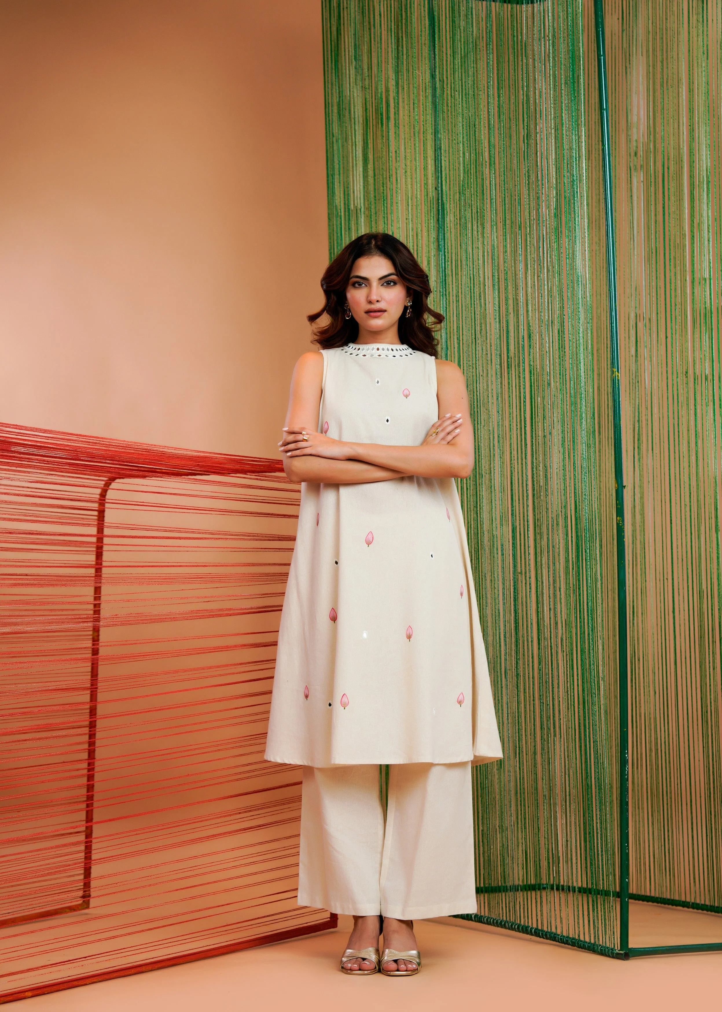 Off-White Mirror Work Linen Kurta Set