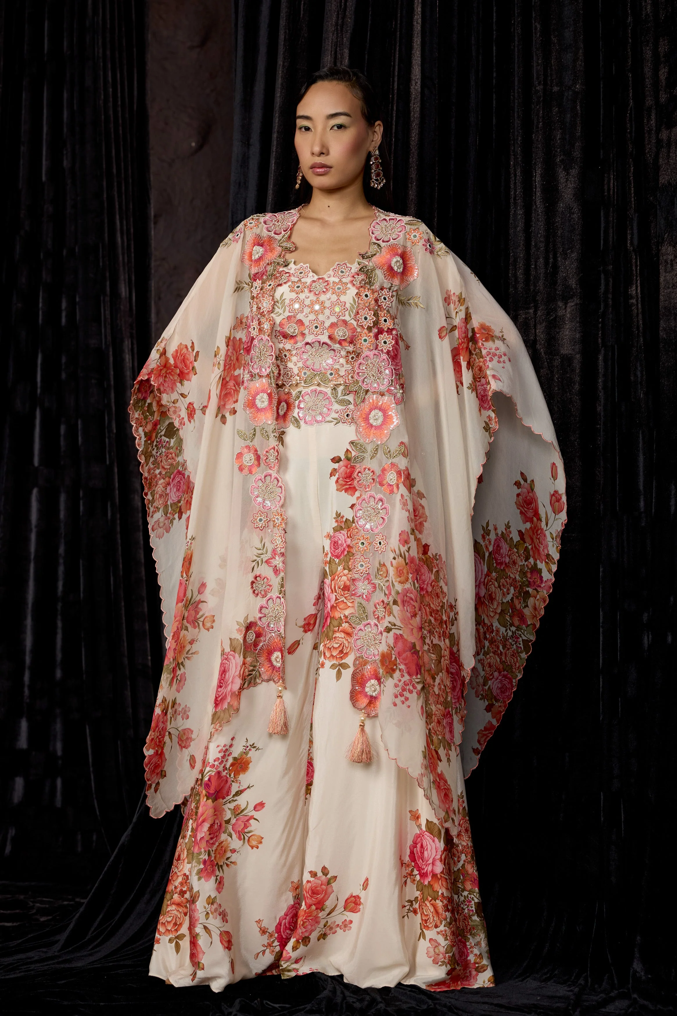 Off-White Printed Crepe Silk Cape Set
