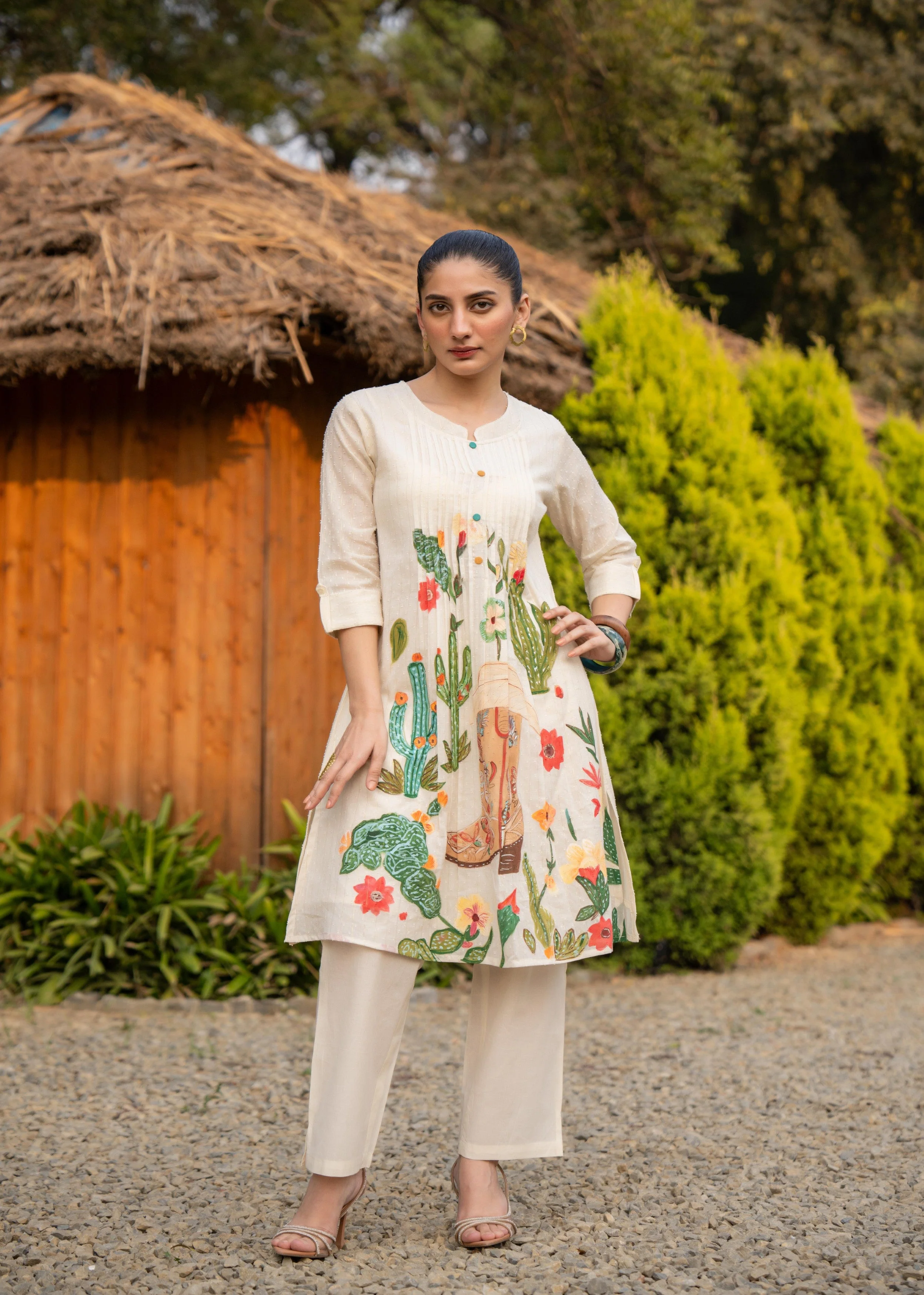 Off-White Western Printed Mul Cotton Kurta Set