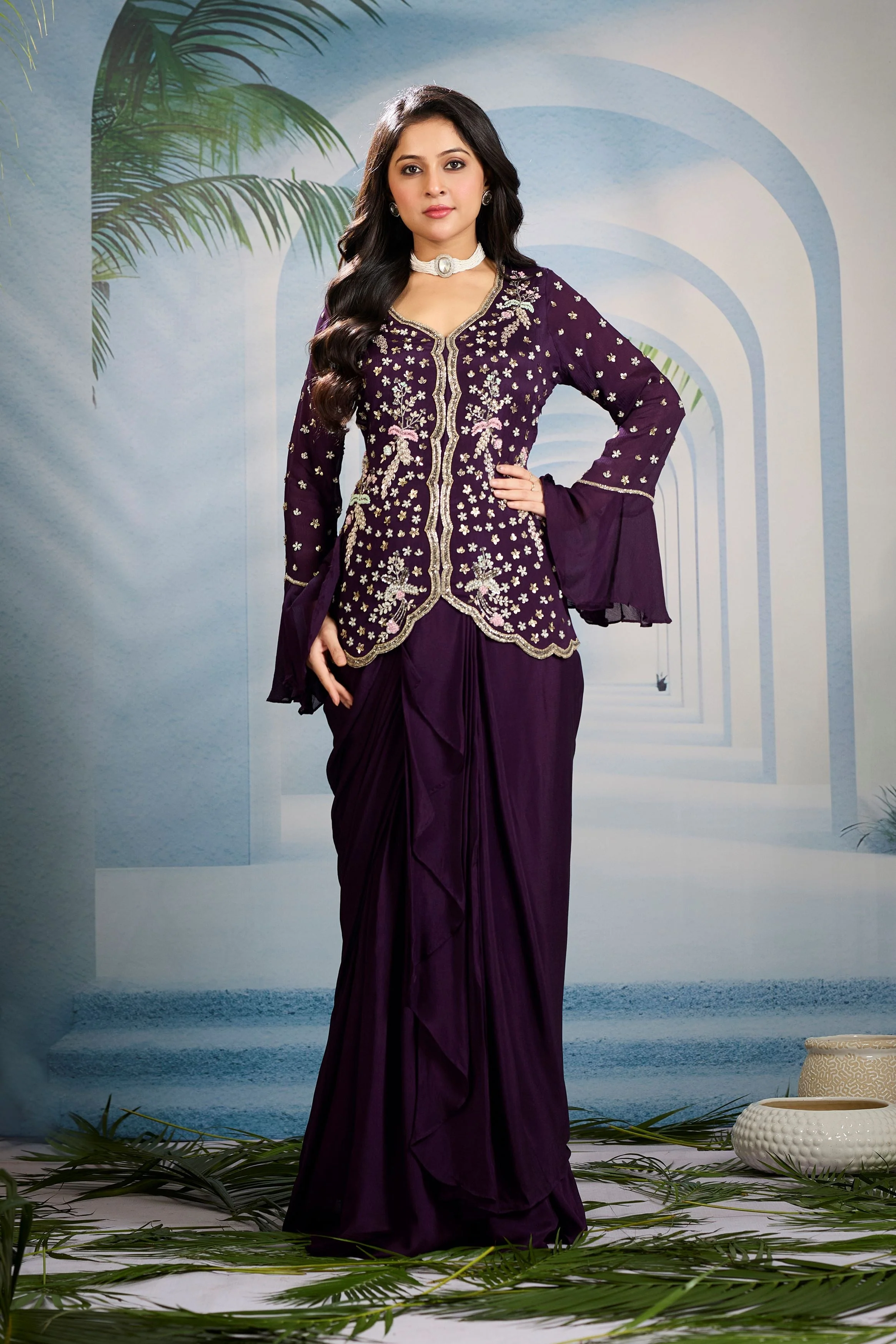 Deep Mauve Embellished  Chinon Silk Skirt Set - Image 4