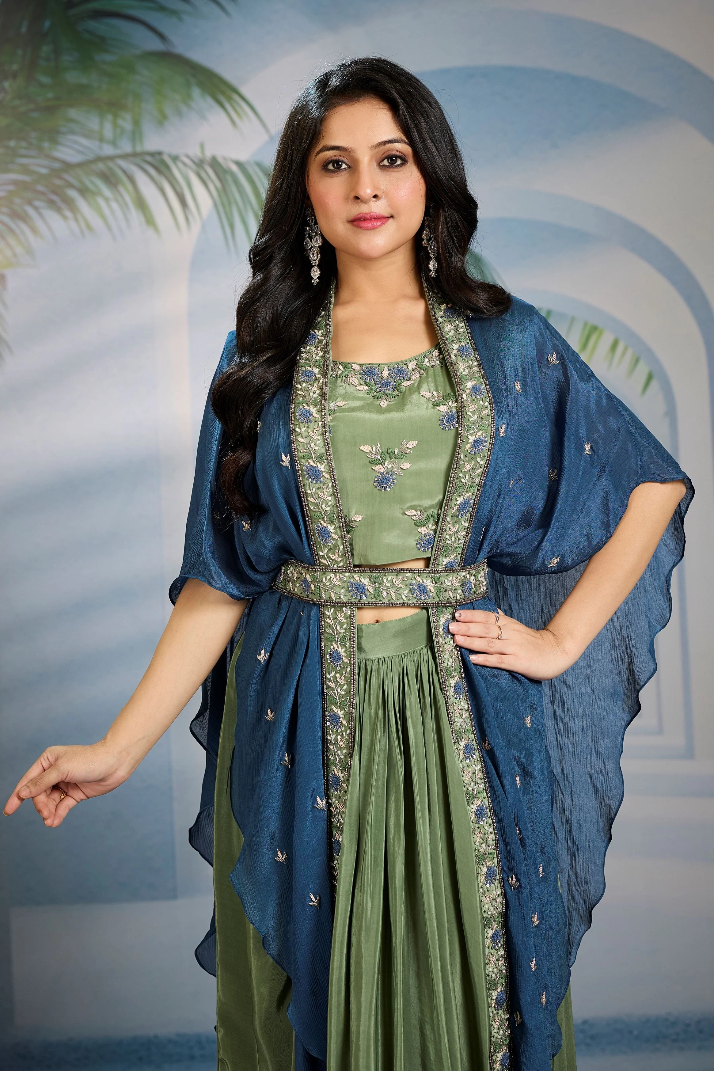 Olive Green Embellished Chinon Silk Cape Set - Image 2