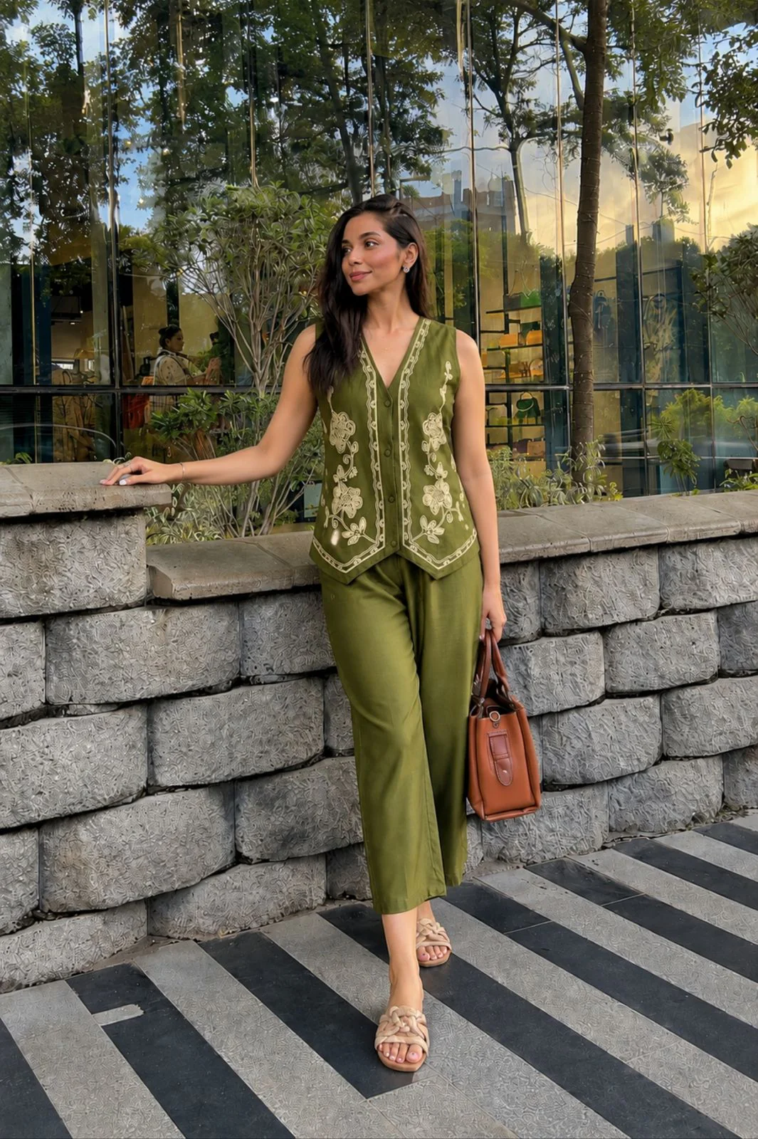 Olive Fusion Embroidered Cotton Co-Ord Set