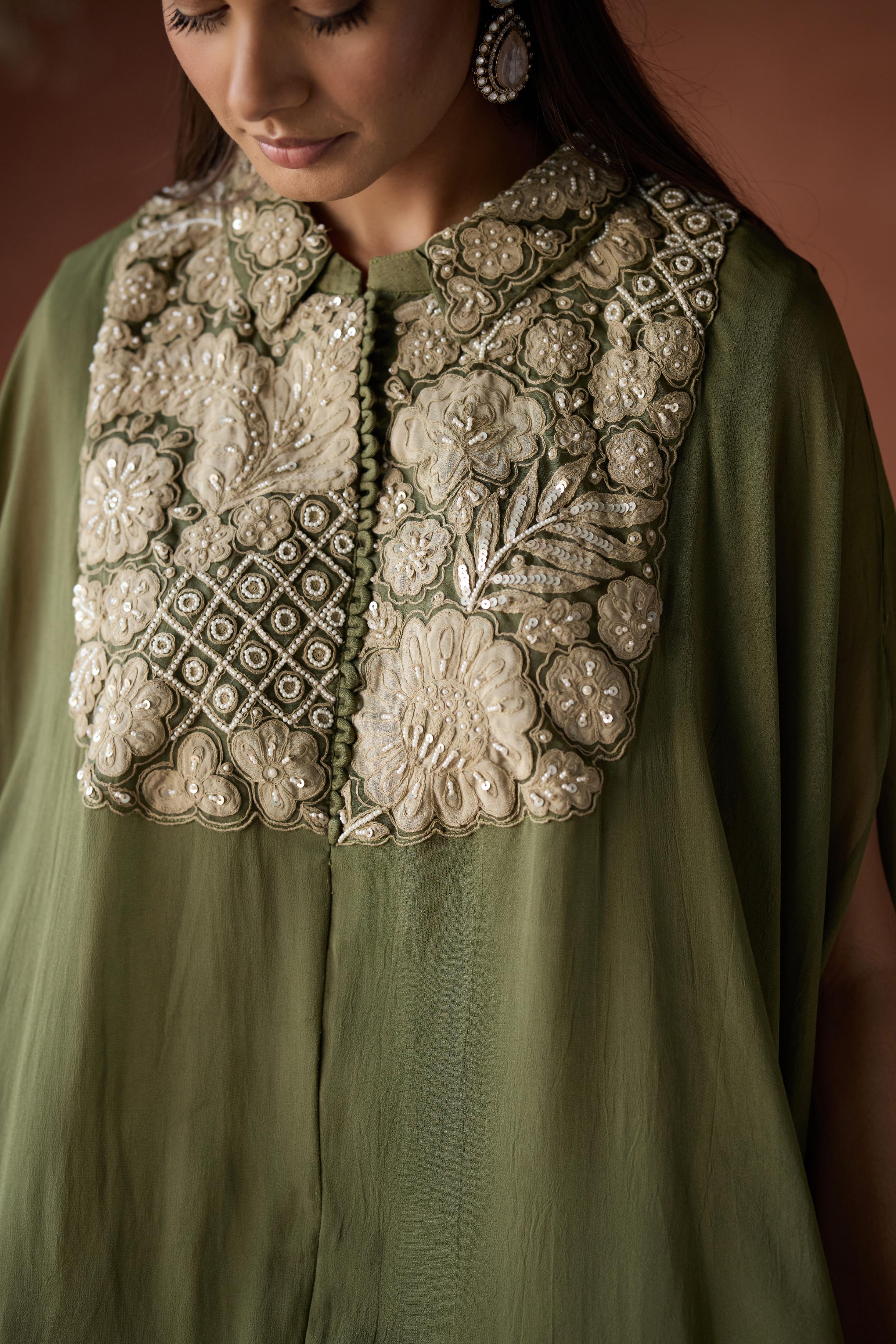 Olive Green Embellished Georgette Kaftan Set - Image 2