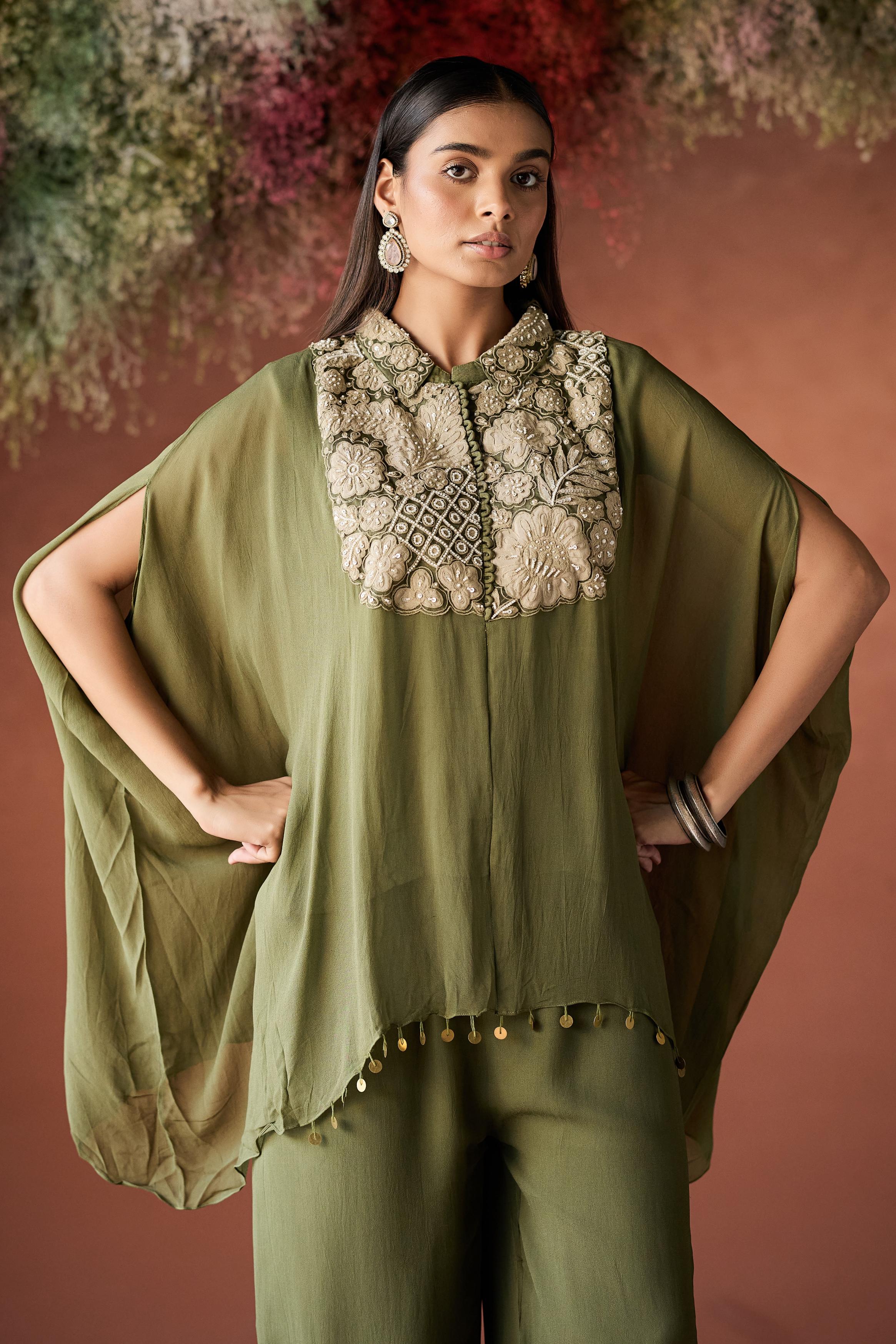 Olive Green Embellished Georgette Kaftan Set - Image 3