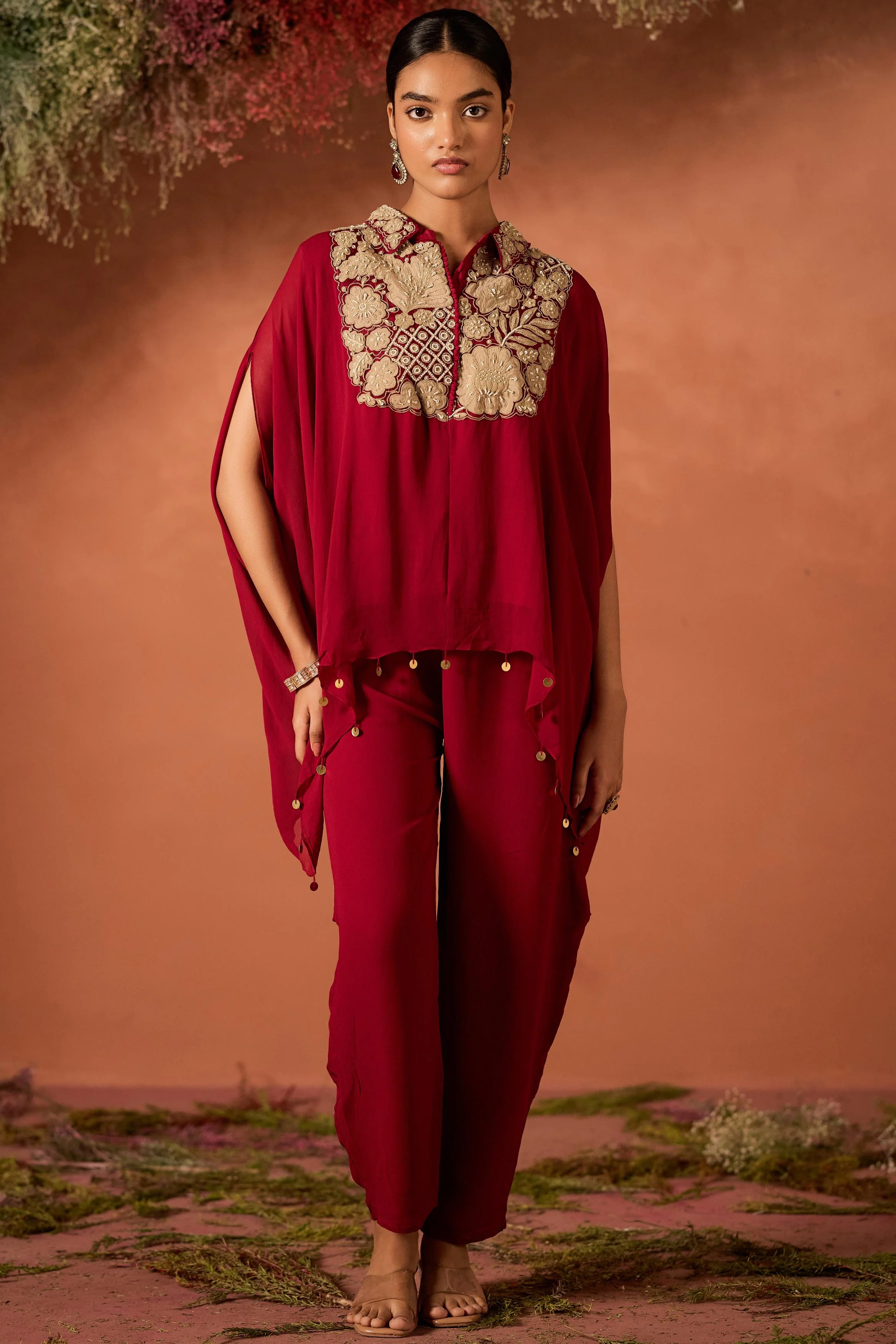 Maroon Red Embellished Georgette Silk Kaftan Set