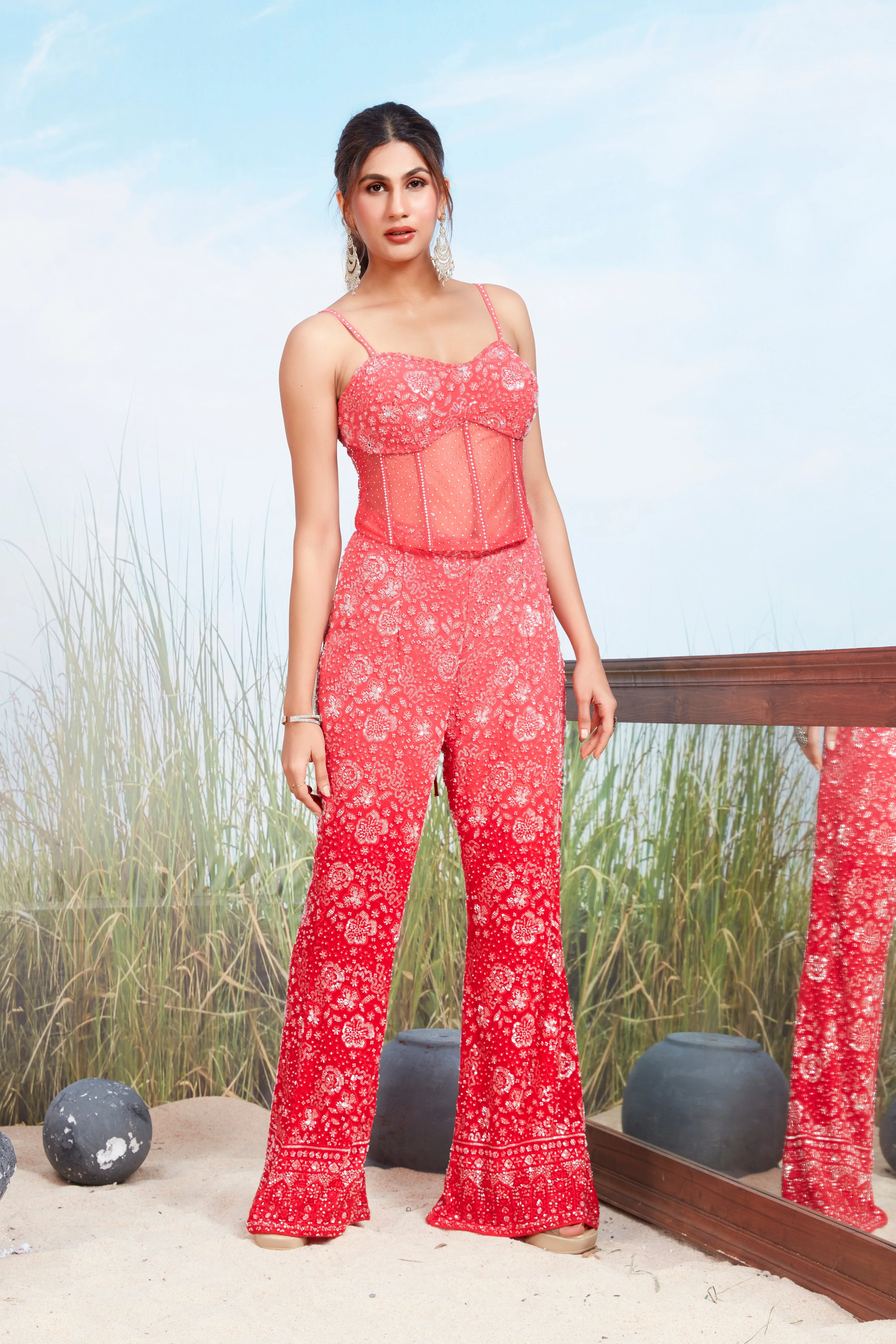 Coral Red Embellished Georgette Silk Co-Ord Set