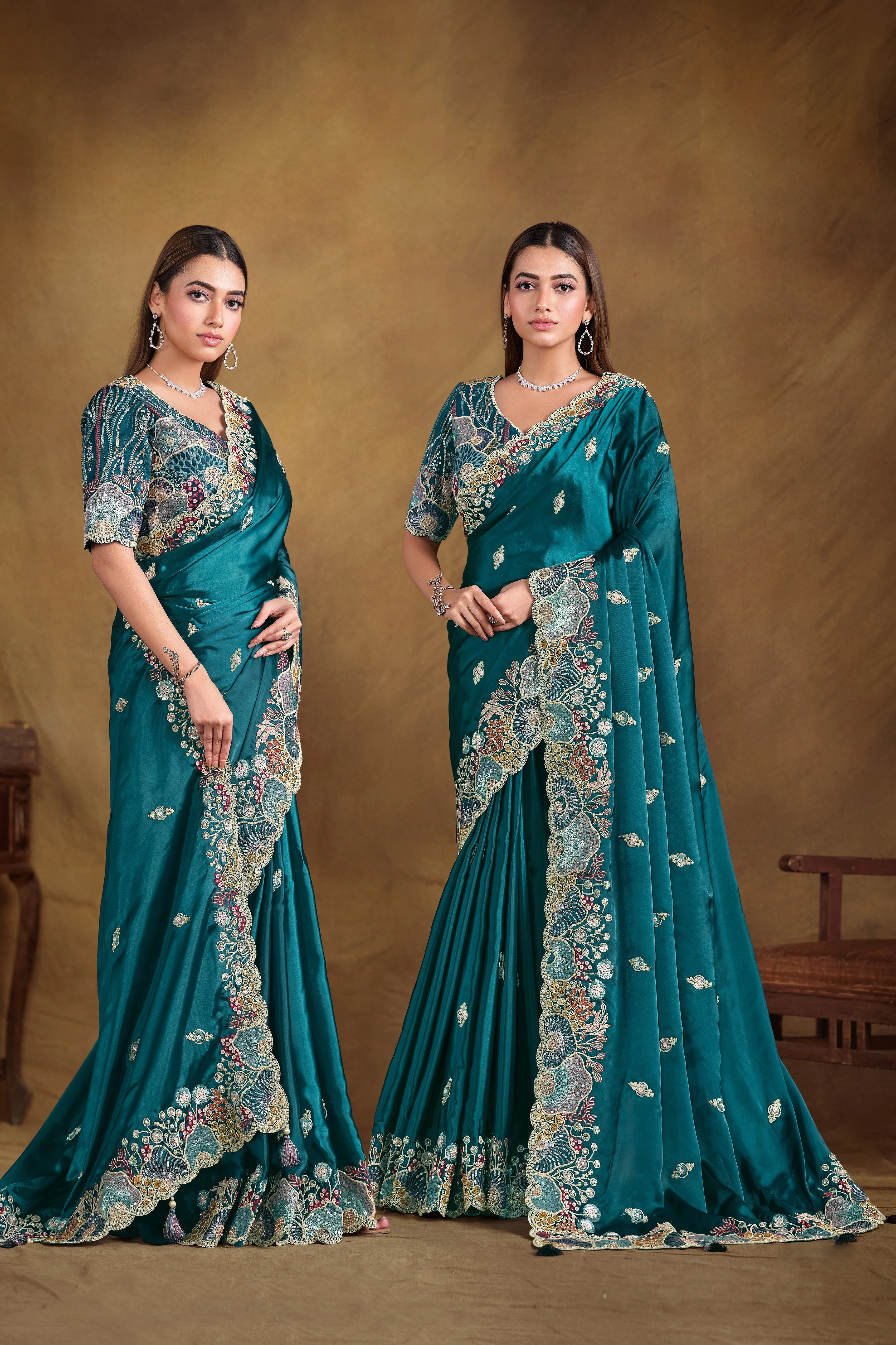 Blue Peacock Embellished  Satin Silk Saree