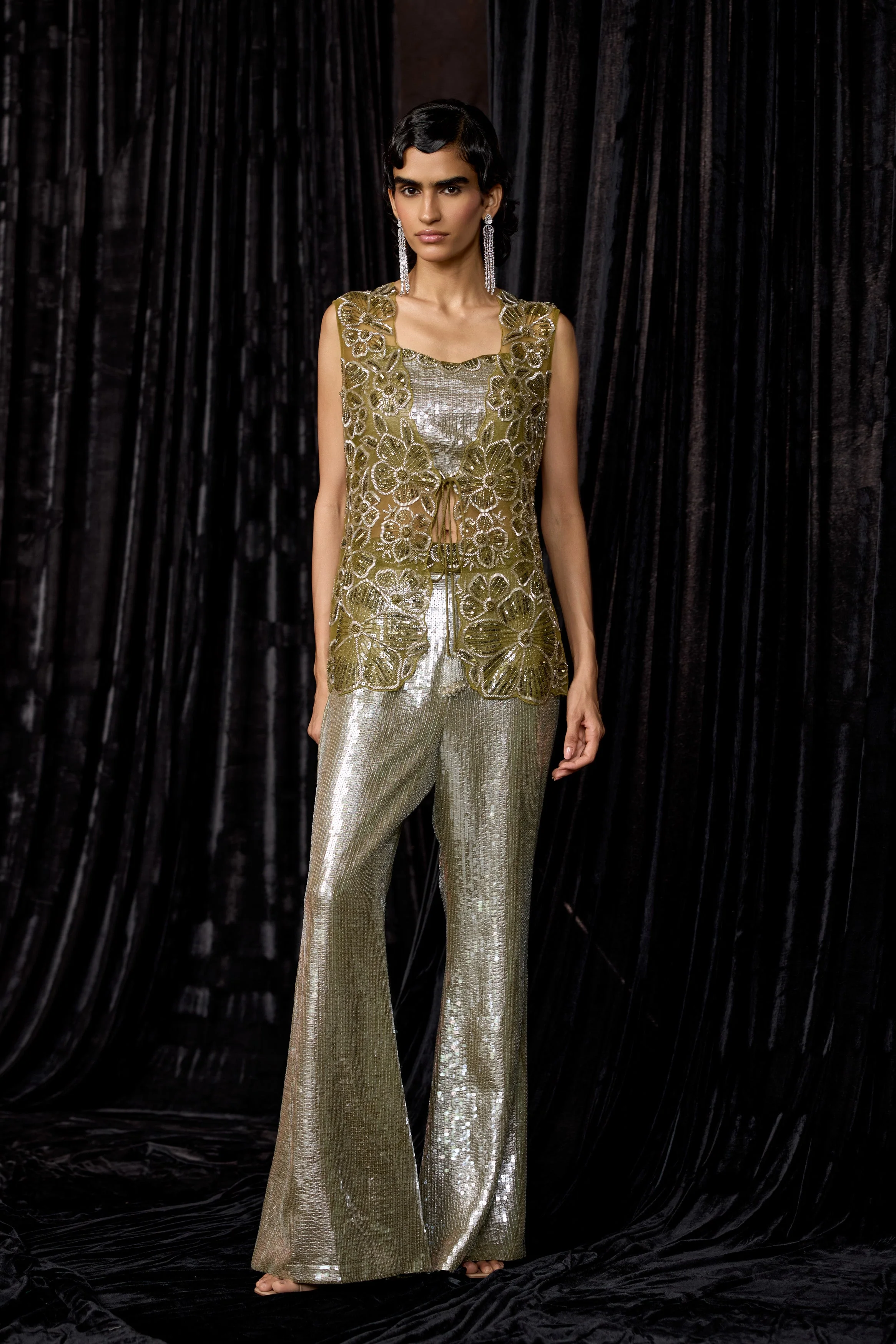 Olive Green Embellished Sequin Co-Ord Set