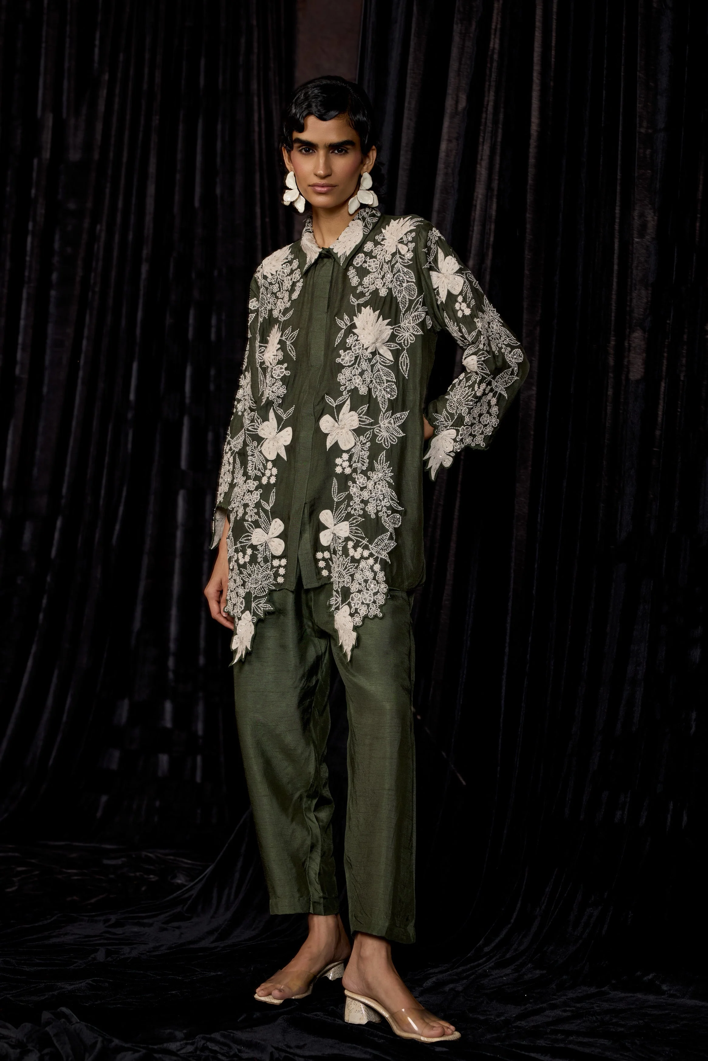Olive Green Embroidered Raw Silk Co-Ord Set