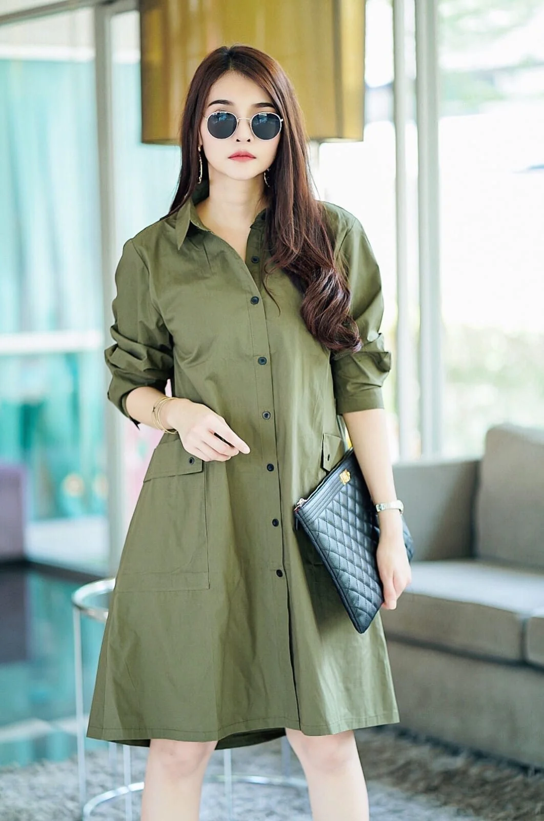 Olive Green Lace-Up Back Cotton Shirt Dress - Image 2