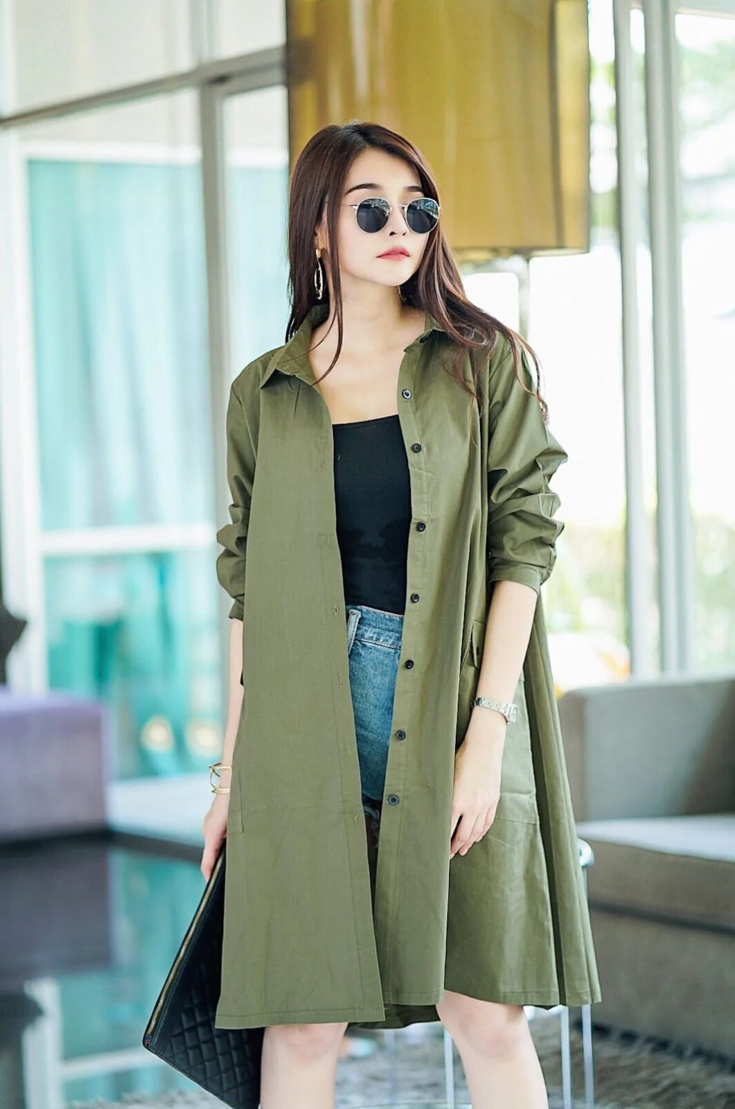 Olive Green Lace-Up Back Cotton Shirt Dress - Image 3