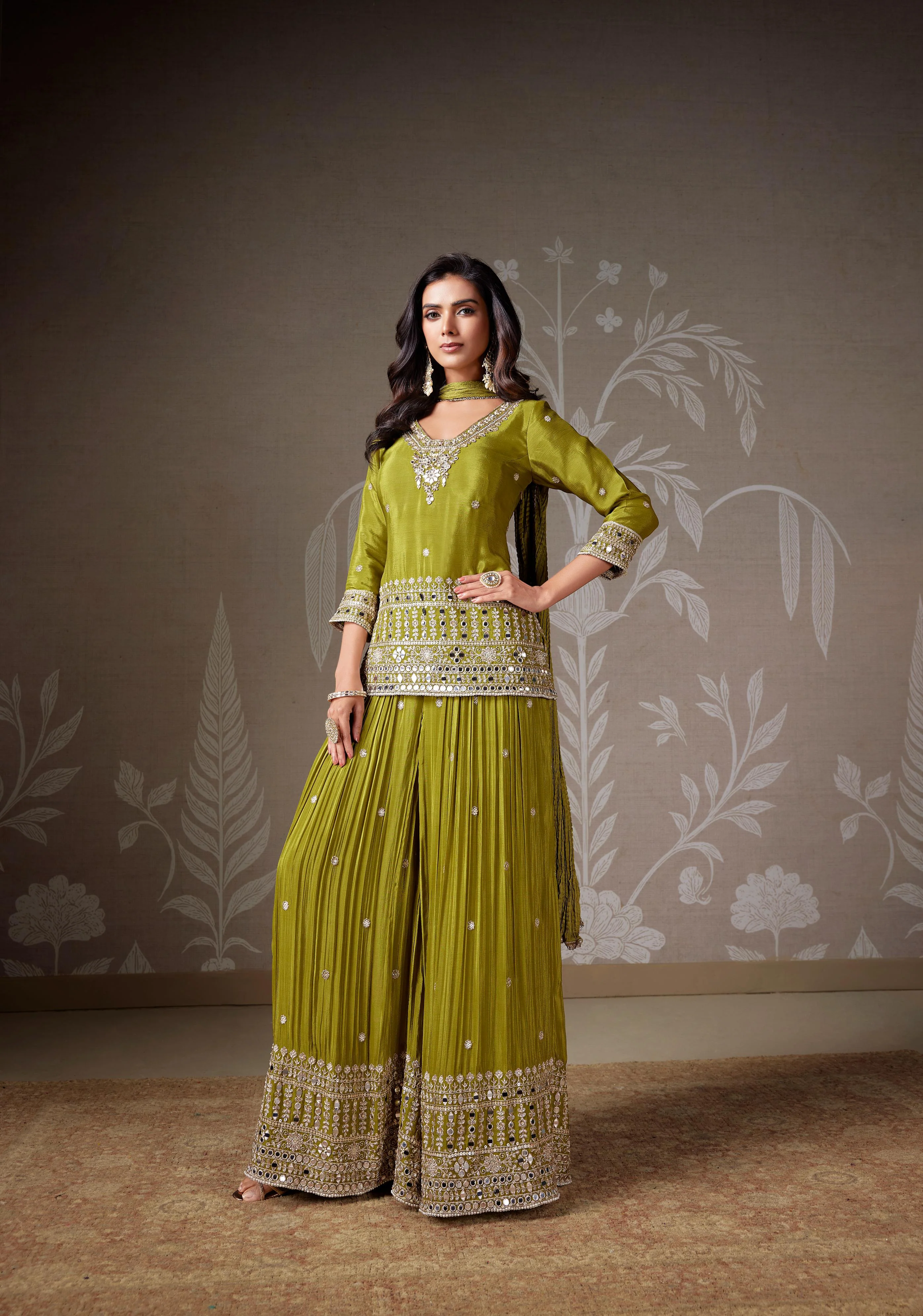 Olive Green Mirror Embellished Sharara Set