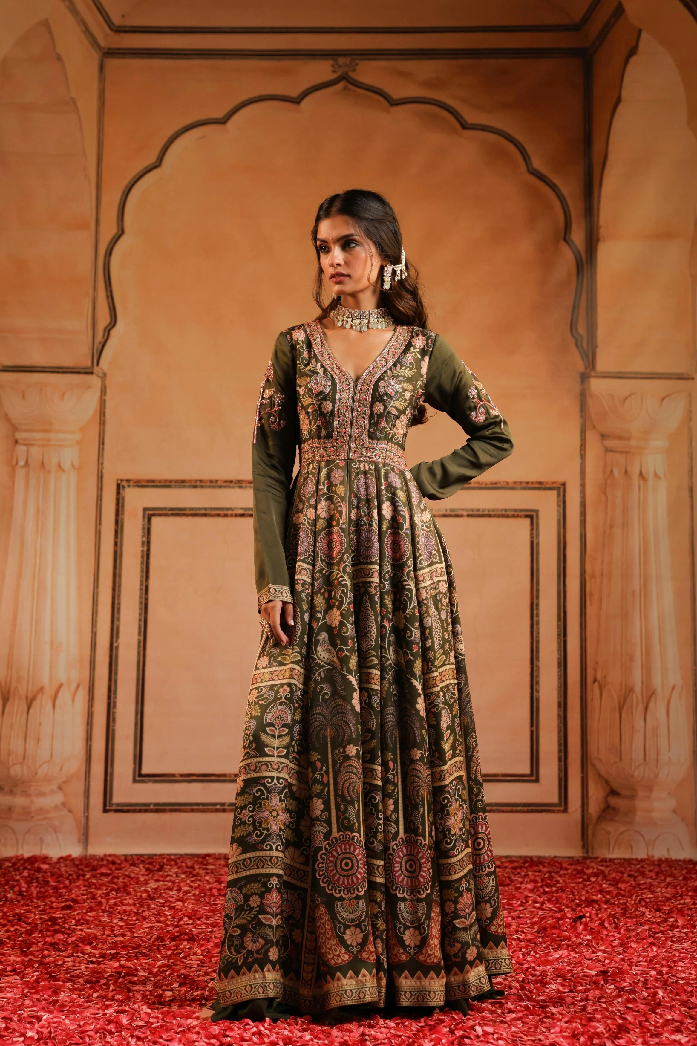 Olive Green Printed Linen Satin Silk Anarkali Set