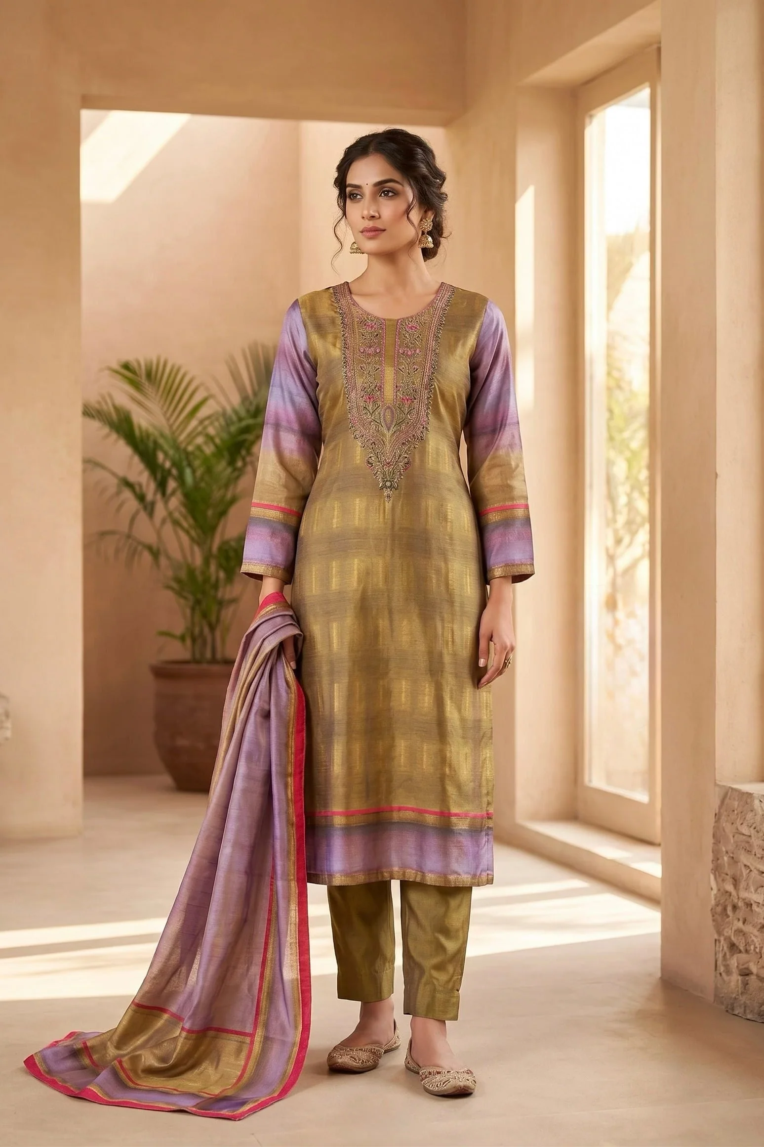 Olive Lavender Printed Dola Silk Pant Set