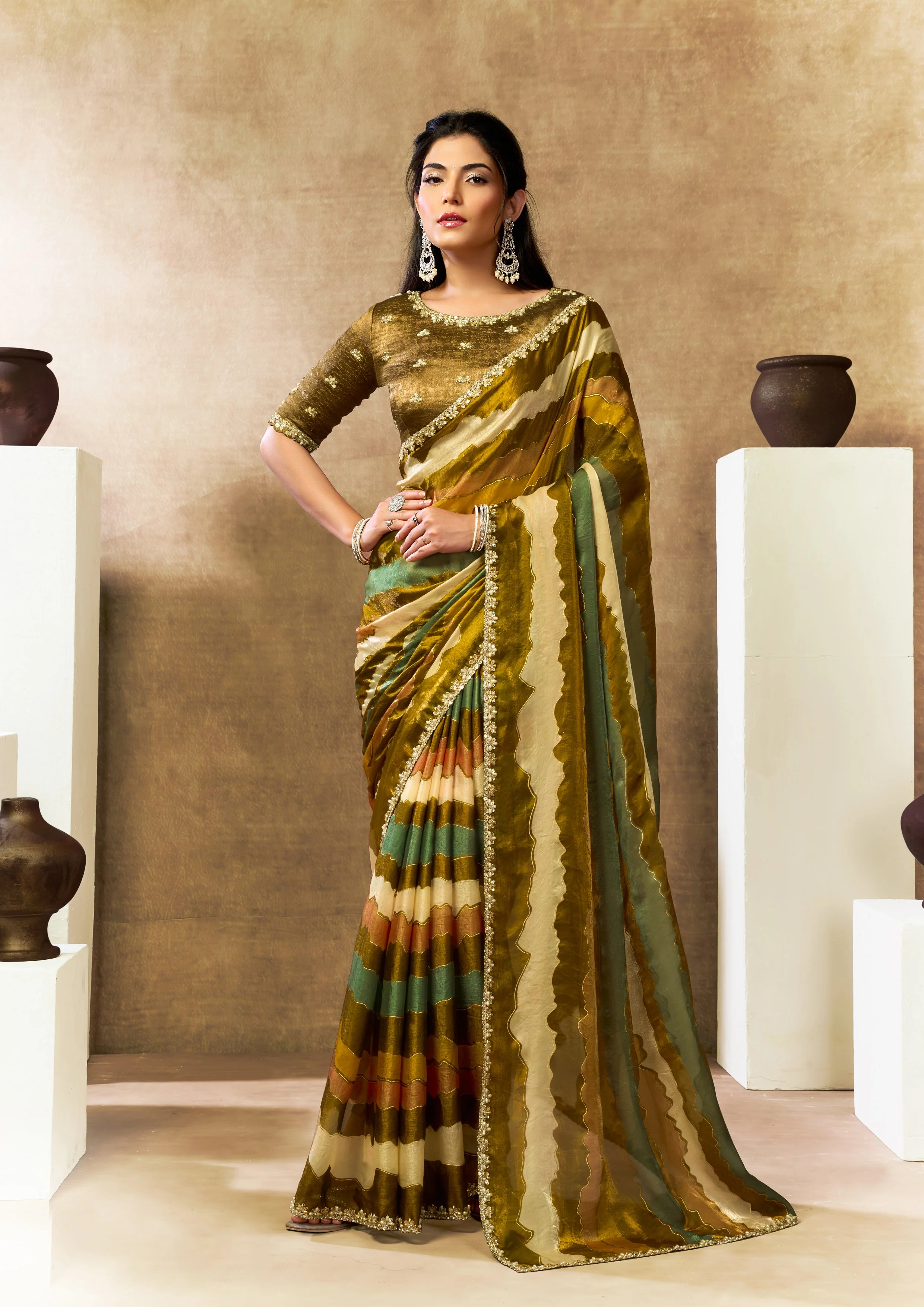 Olive Wave Embellished Crepe Tissue Silk Saree