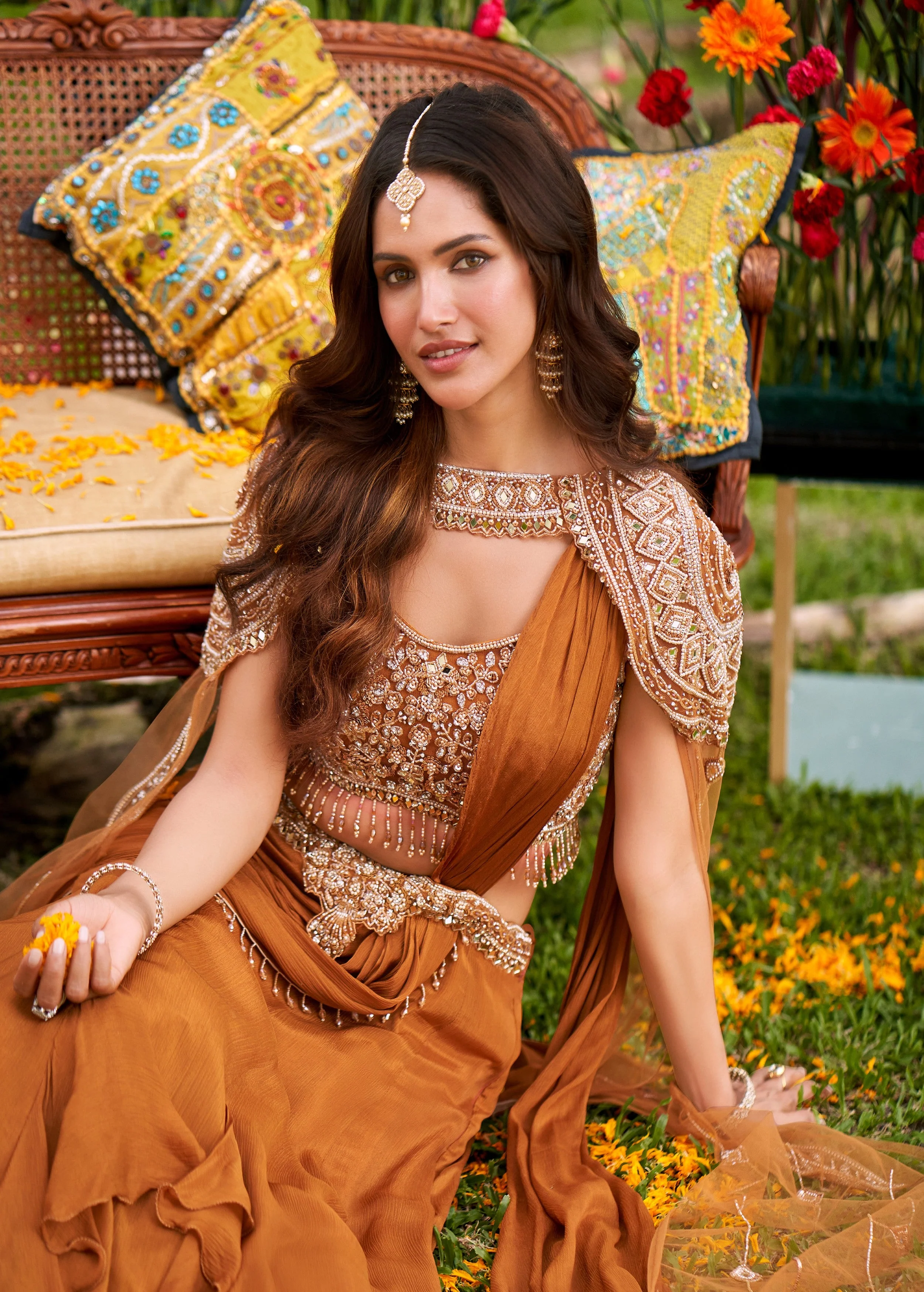 Copper Embellished Crepe Silk Skirt Set - Image 2