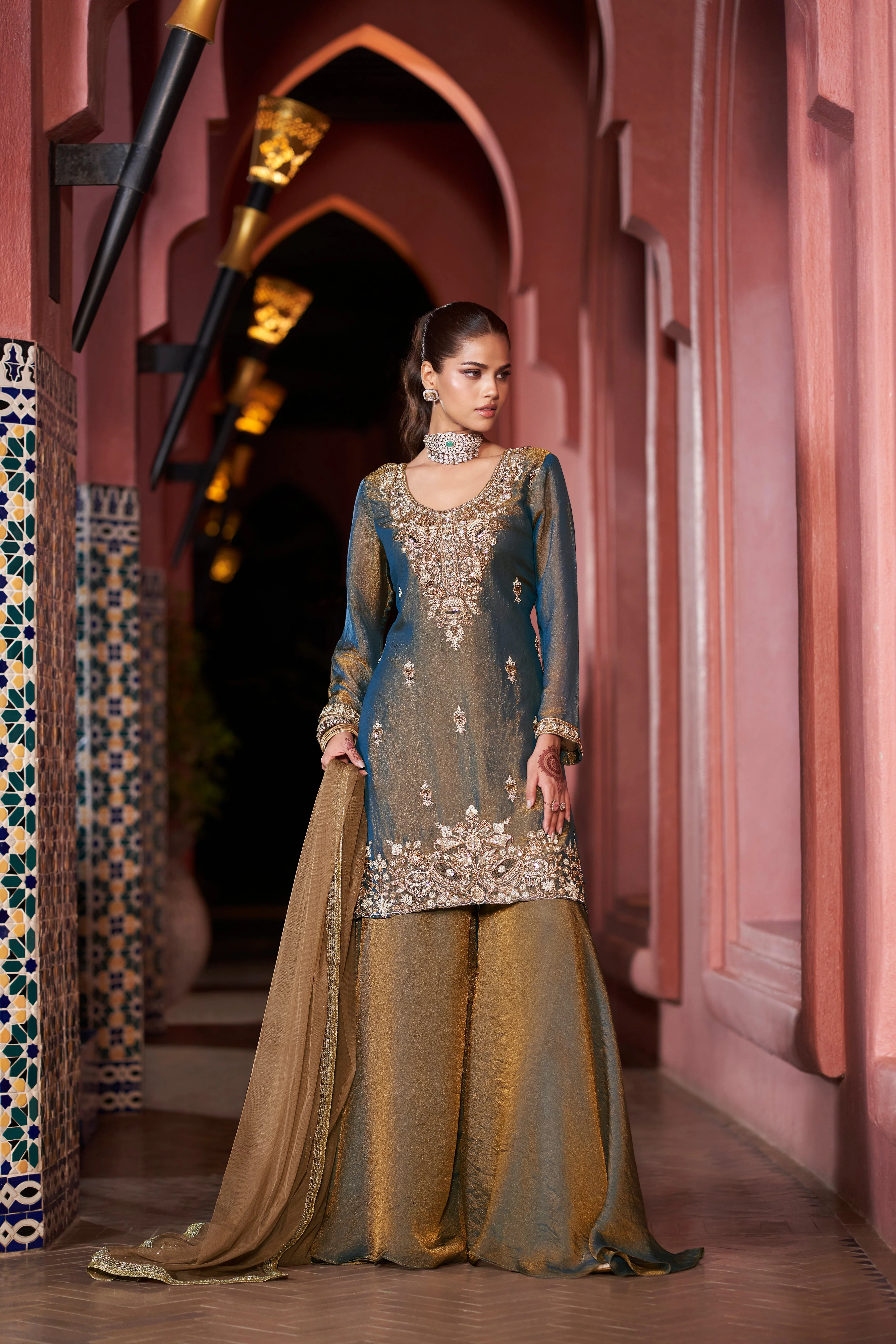 Oxidized Bronze Embellished Shimmer Tissue Silk Palazzo Set