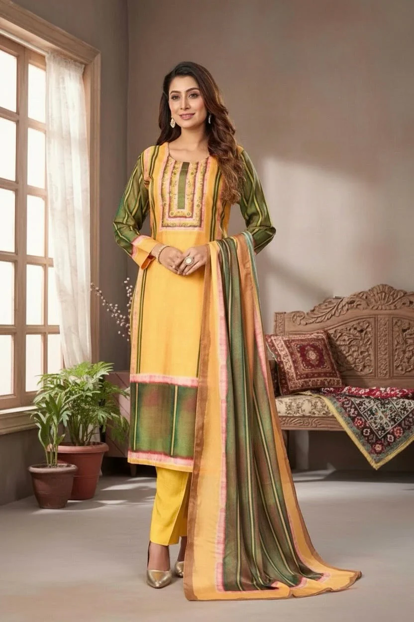 Pale Marigold Printed Dola Silk Pant Set