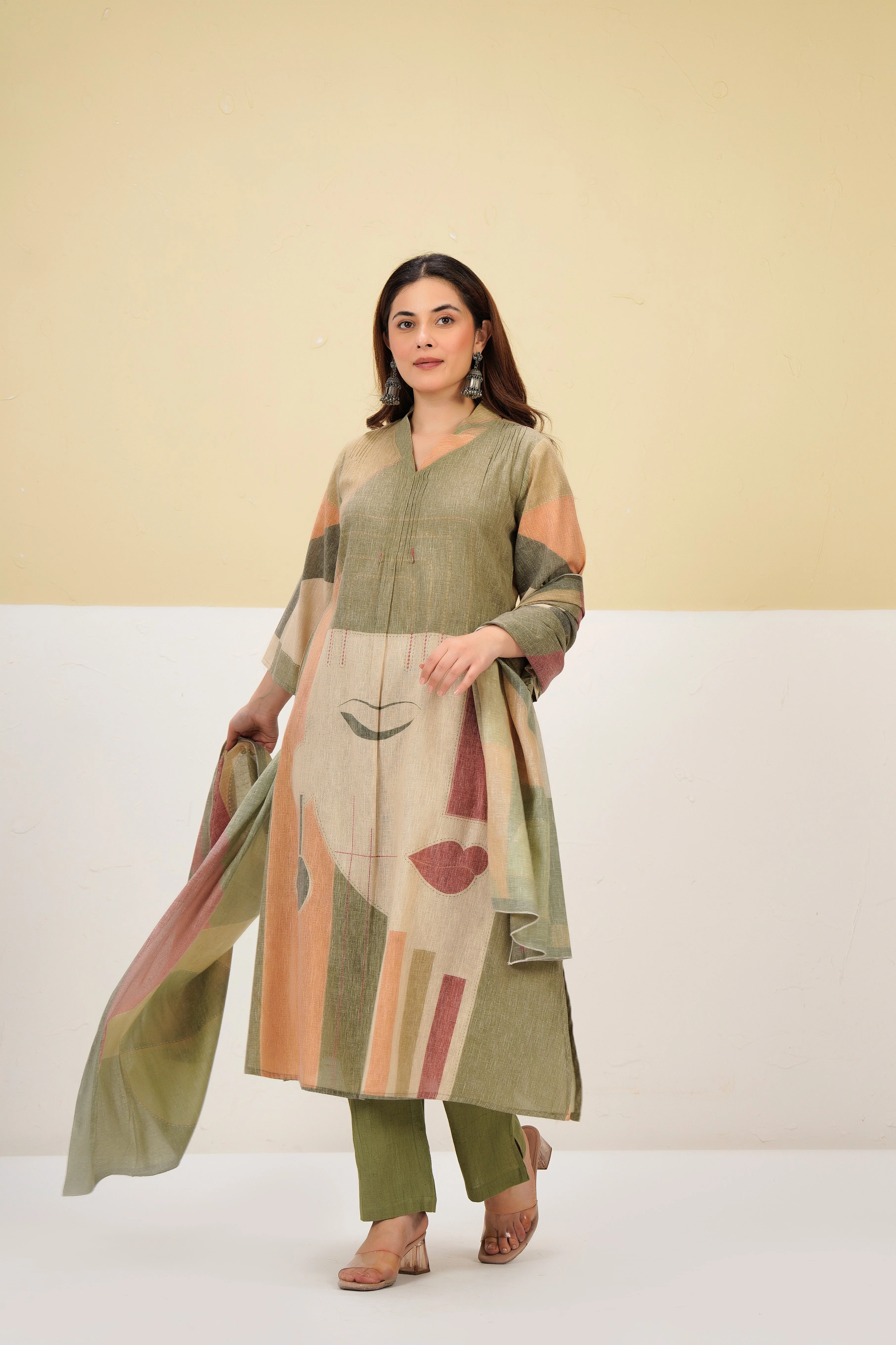 Earthy Glow Printed Cotton Linen Kurta Set - Image 7