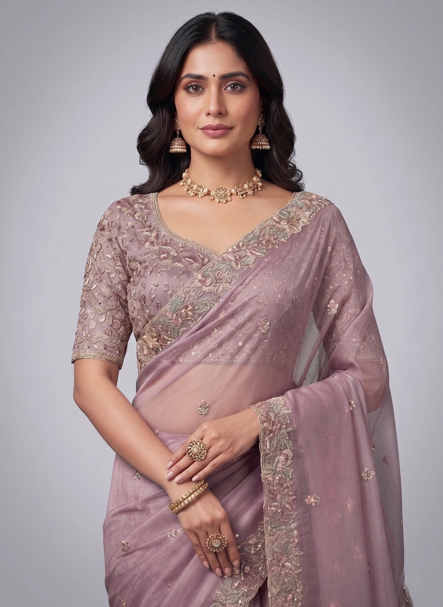 Pastel Orchid Embellished Organza Silk Saree - Image 2