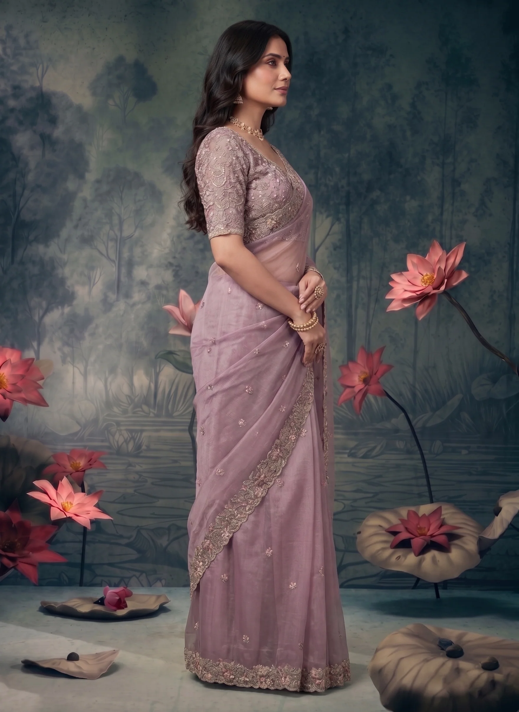 Pastel Orchid Embellished Organza Silk Saree - Image 3