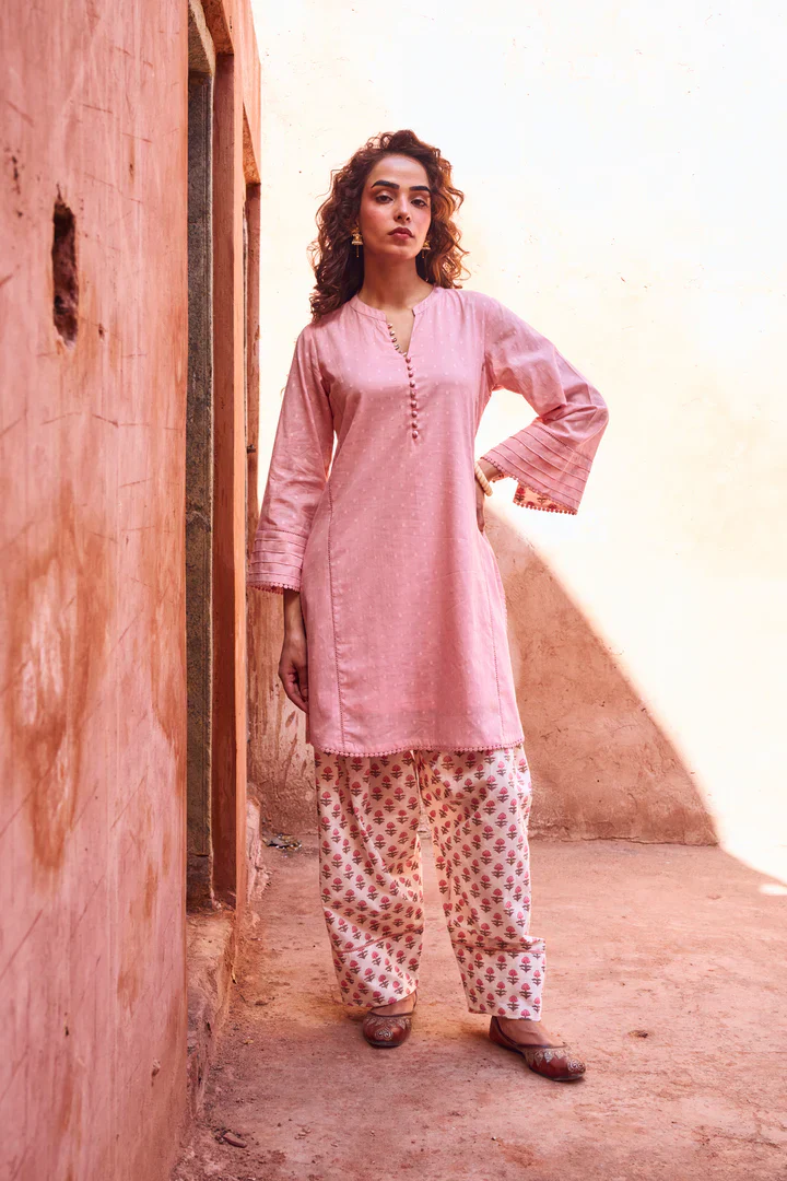 Pastel Pink Mul-Cotton Kurta Set