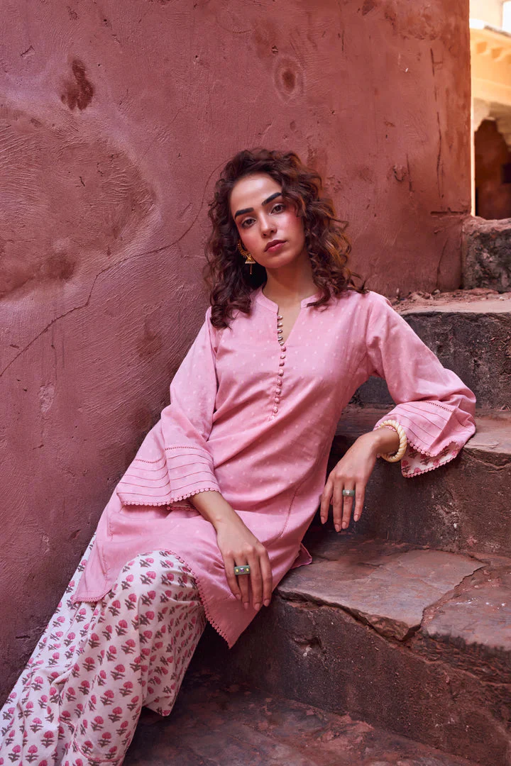 Pastel Pink Mul-Cotton Kurta Set - Image 5