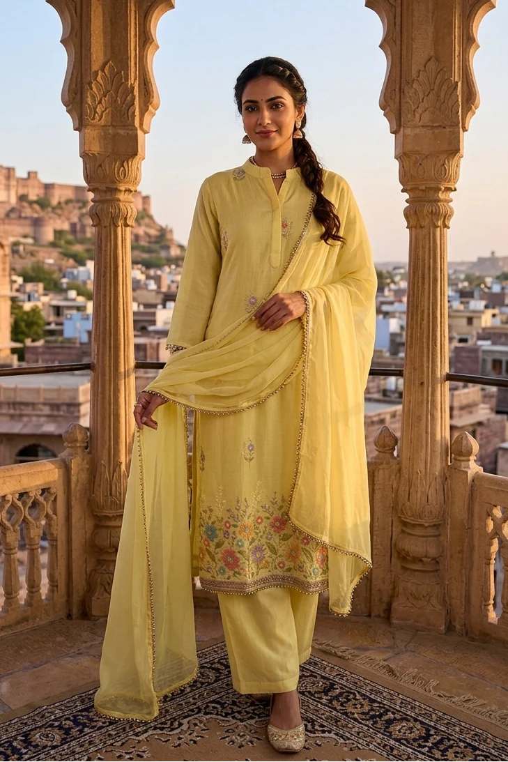 Yellow Blossom Embellished Muslin Silk Pant Set