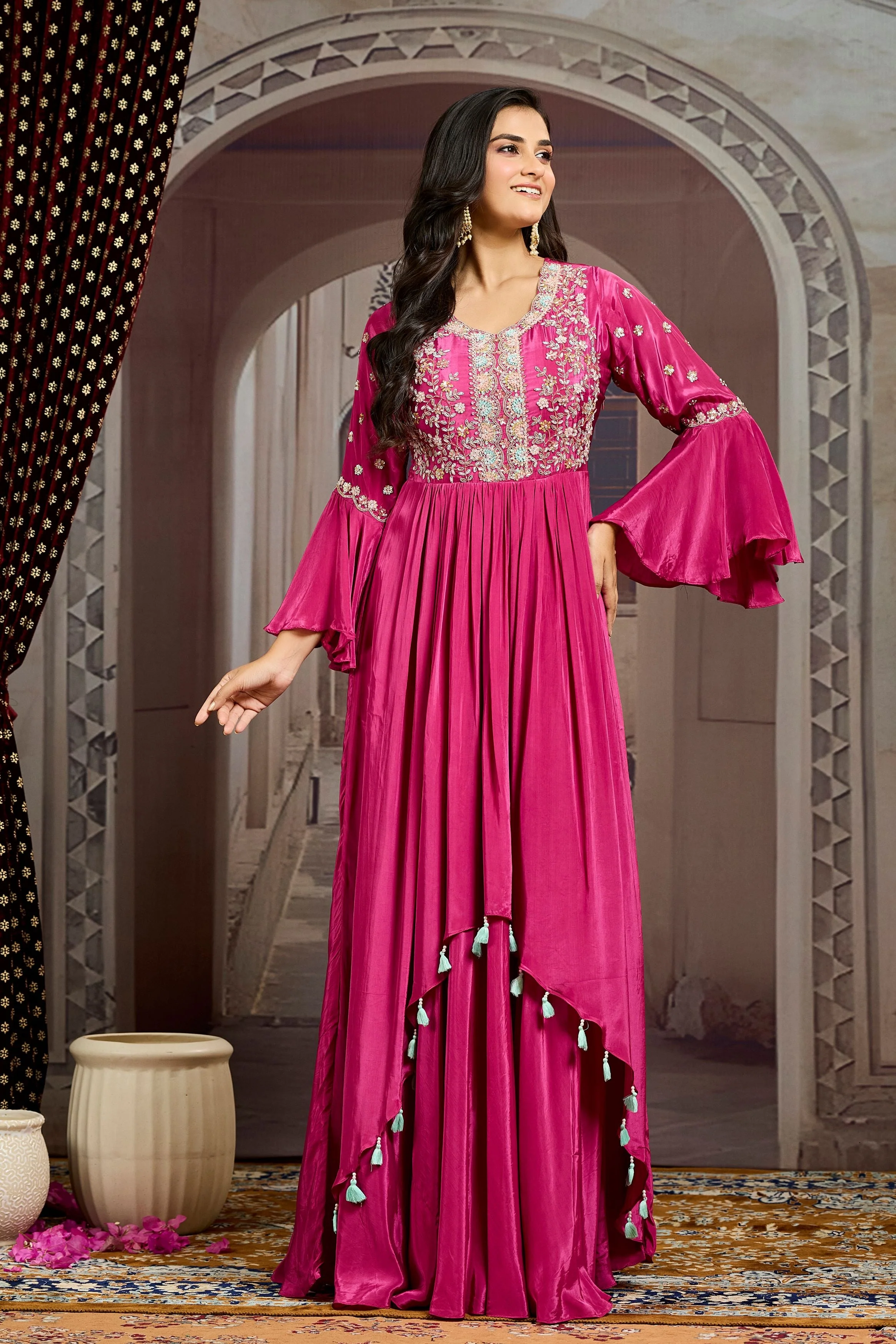 Magenta Embellished Chinon Silk  Gown - Image 3