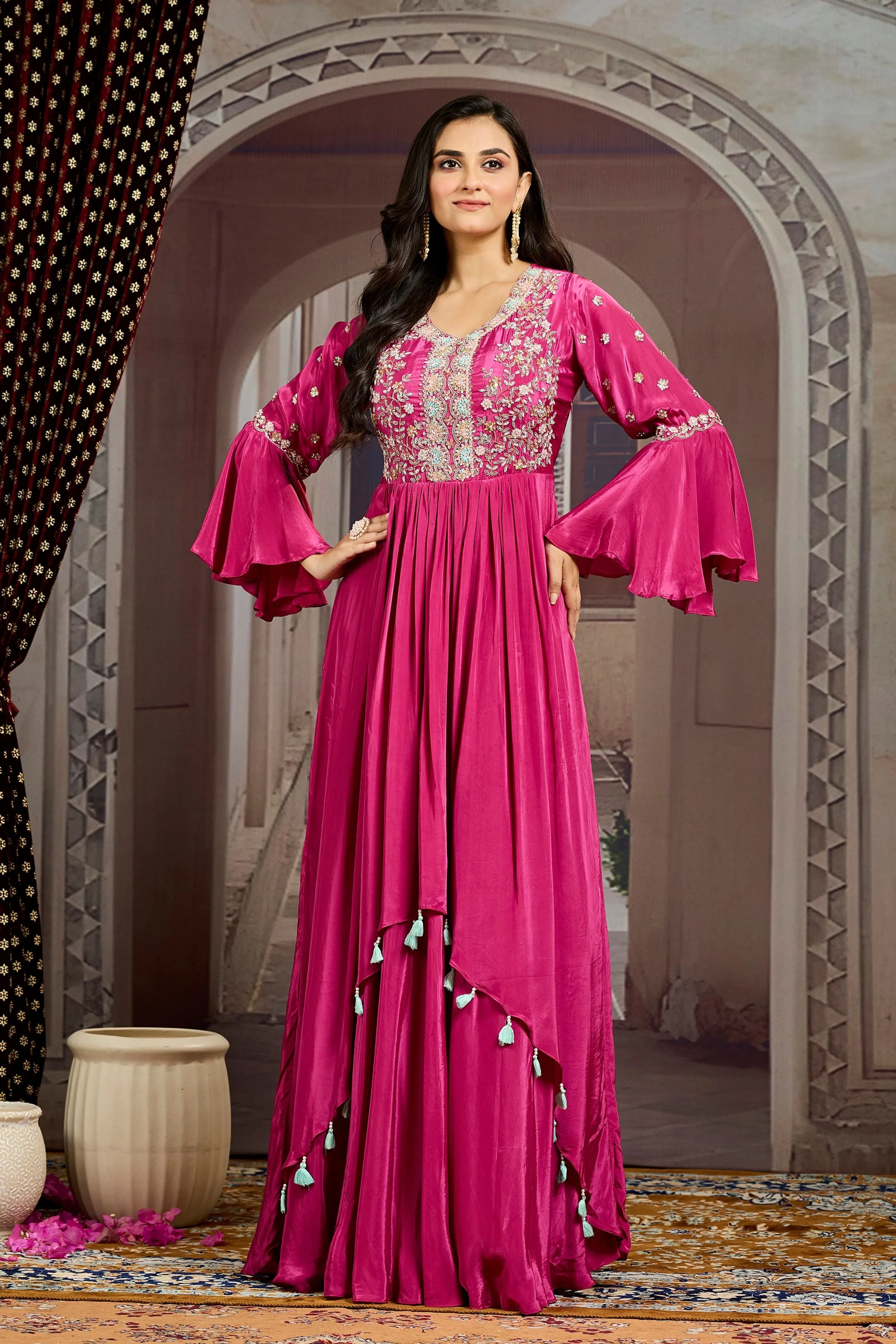 Magenta Embellished Chinon Silk  Gown - Image 4