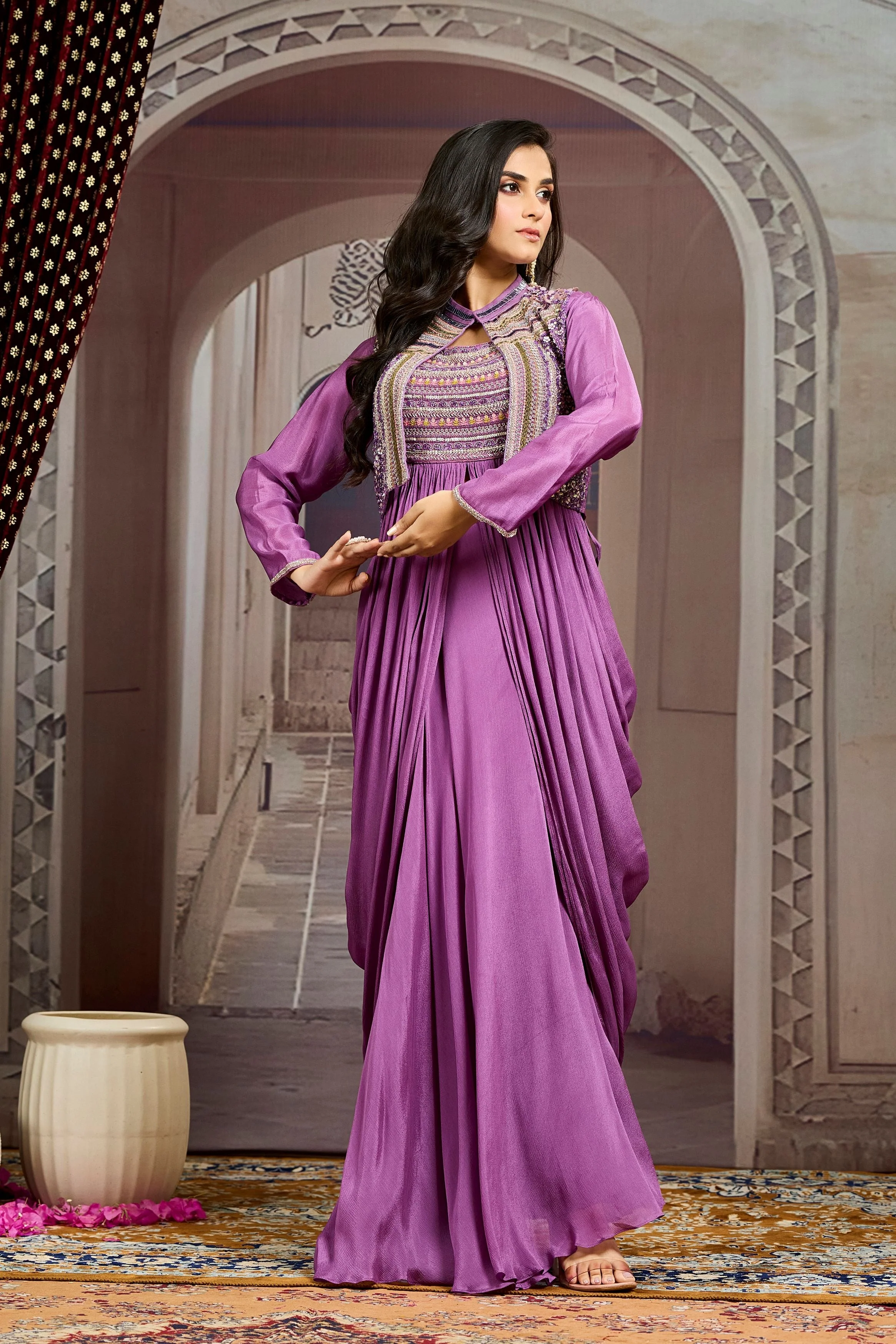 Purple  Embellished Chinon Silk Jacket Skirt Set - Image 5