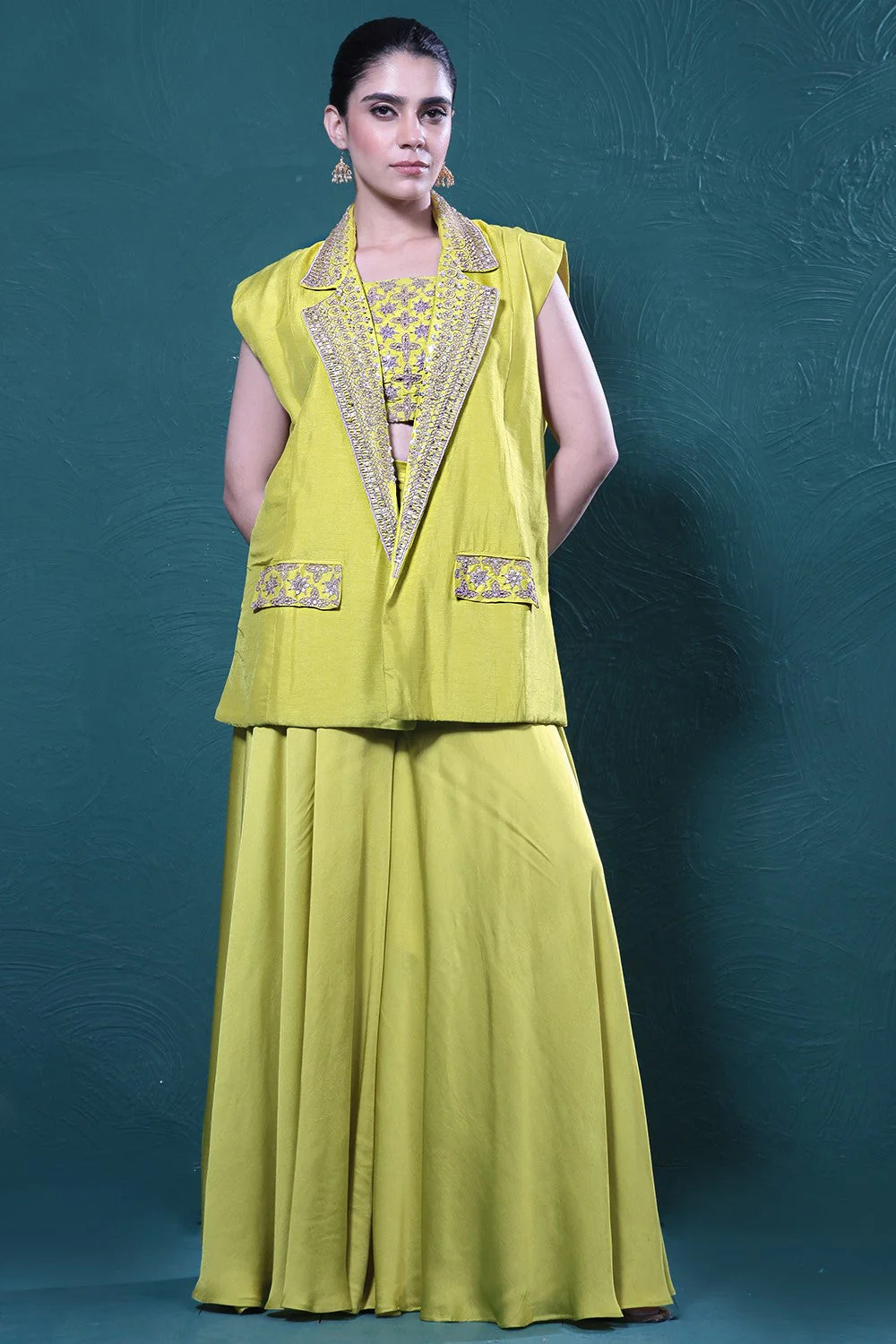 Pear Green Embroidered Jacket & Palazzo Set
