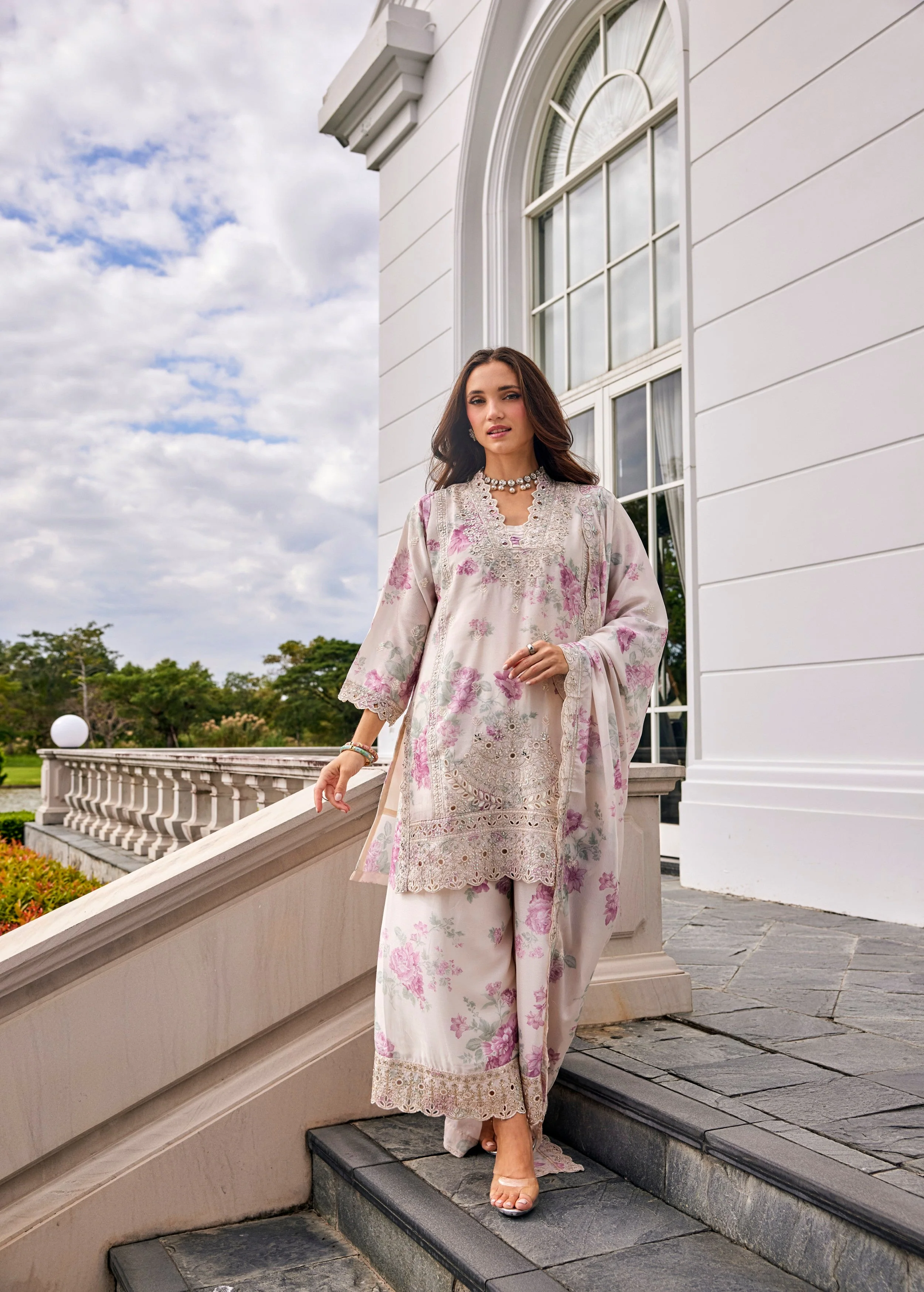 Pearl Ivory Embellished Crepe Silk Palazzo Set