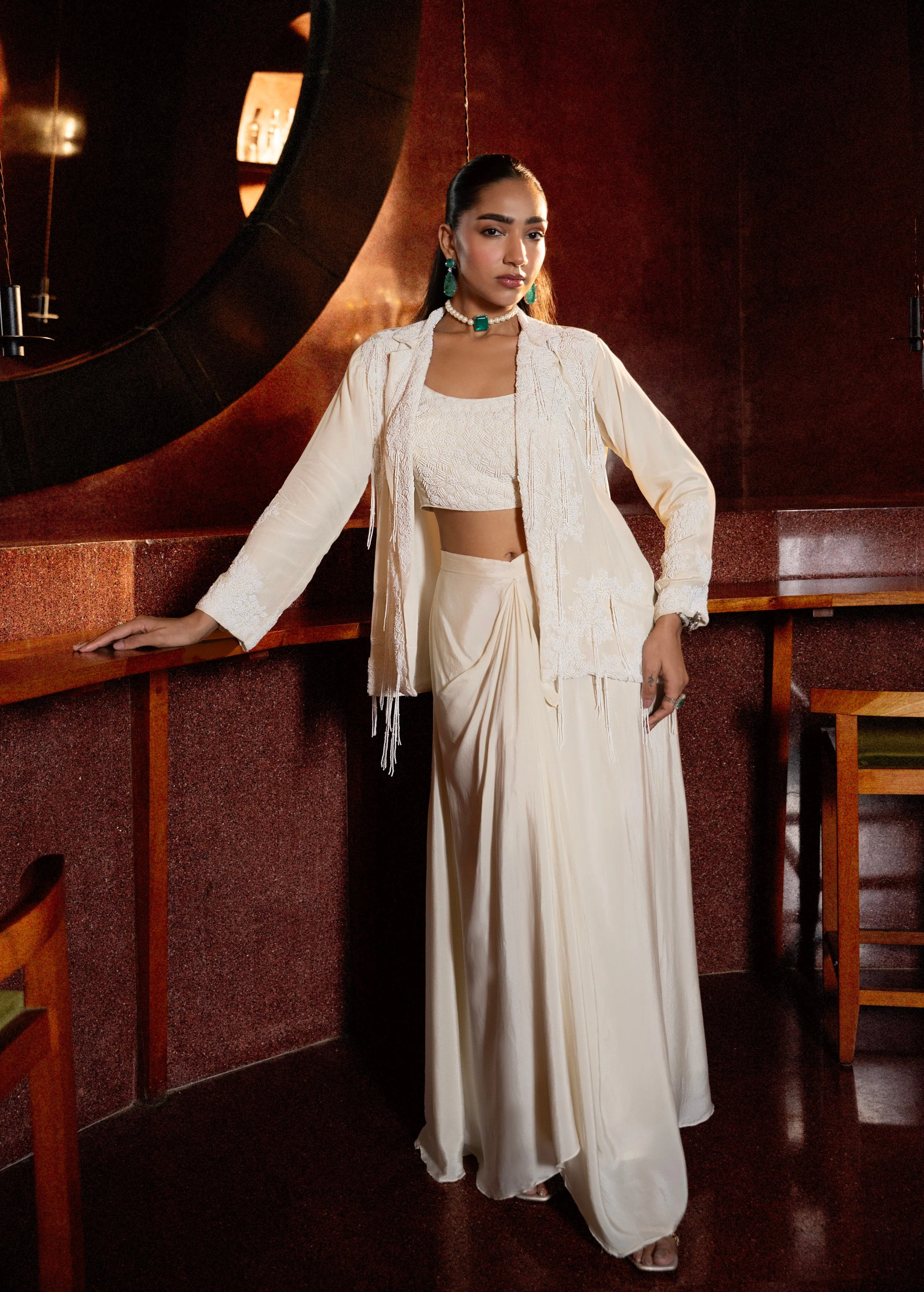 Pearl White Embellished Crepe Silk Skirt Jacket Set