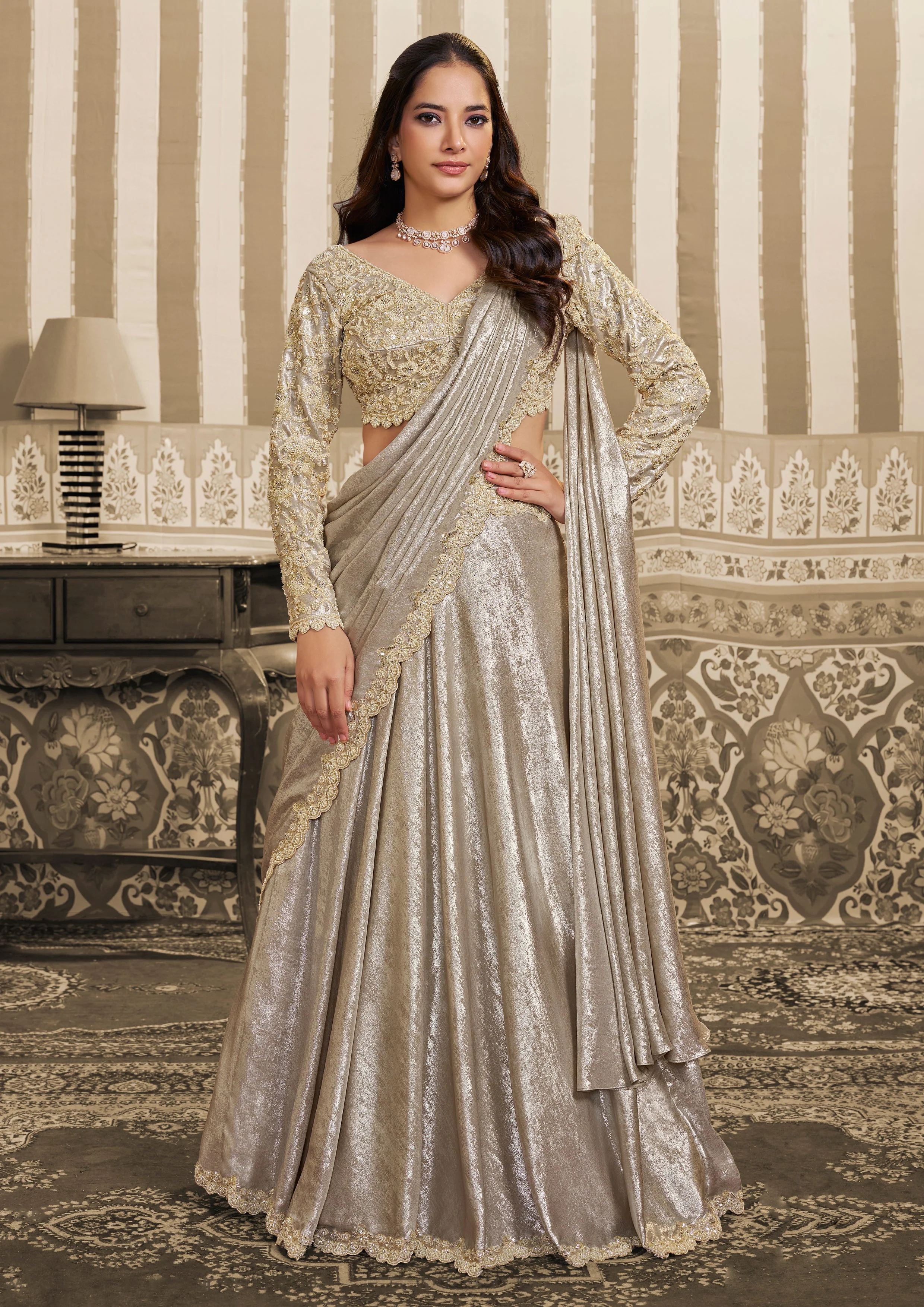 Pearl White Embellished Satin Silk Lehenga Saree