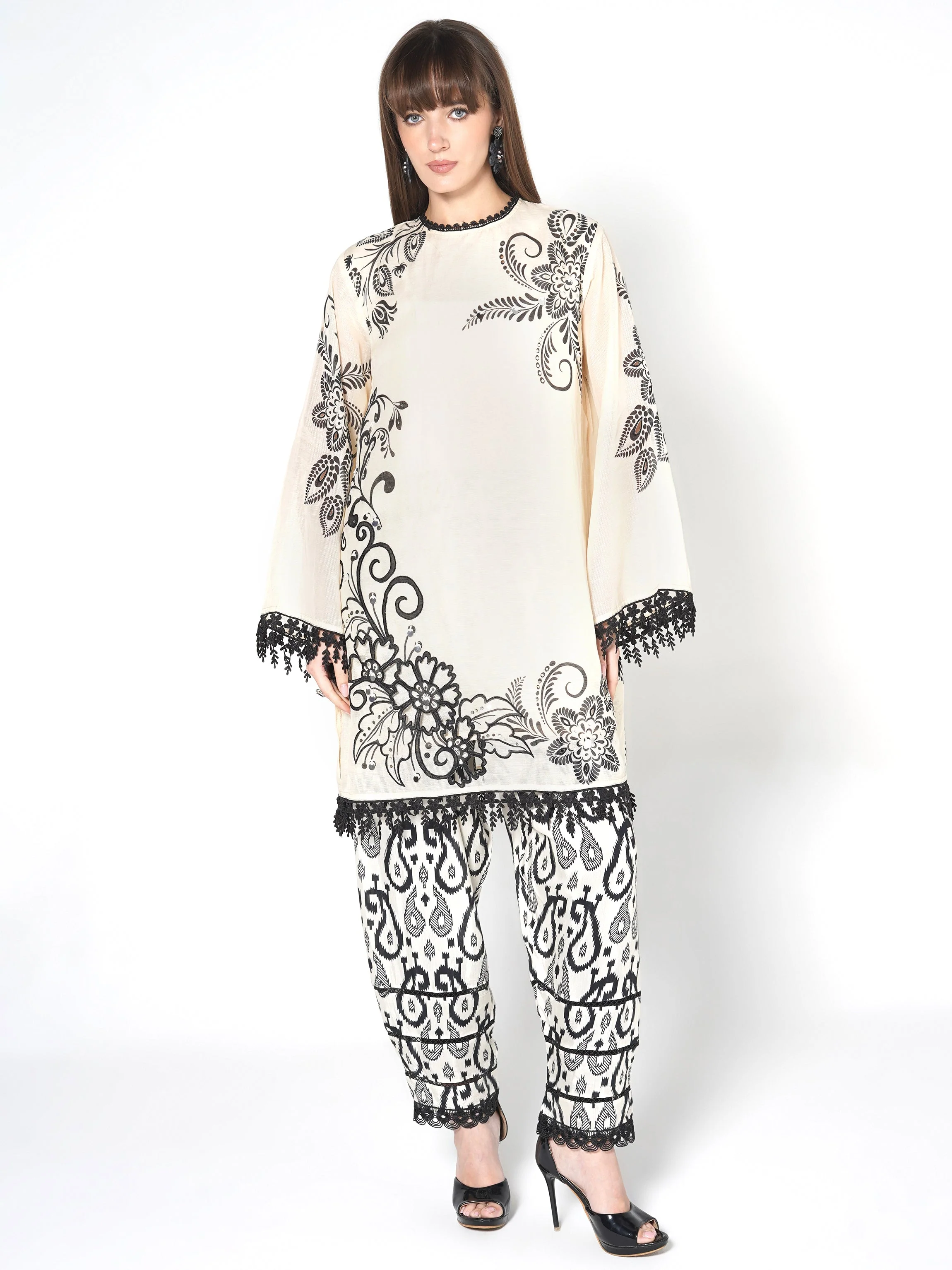 Pearl White Printed Linen Silk Co-Ord Set
