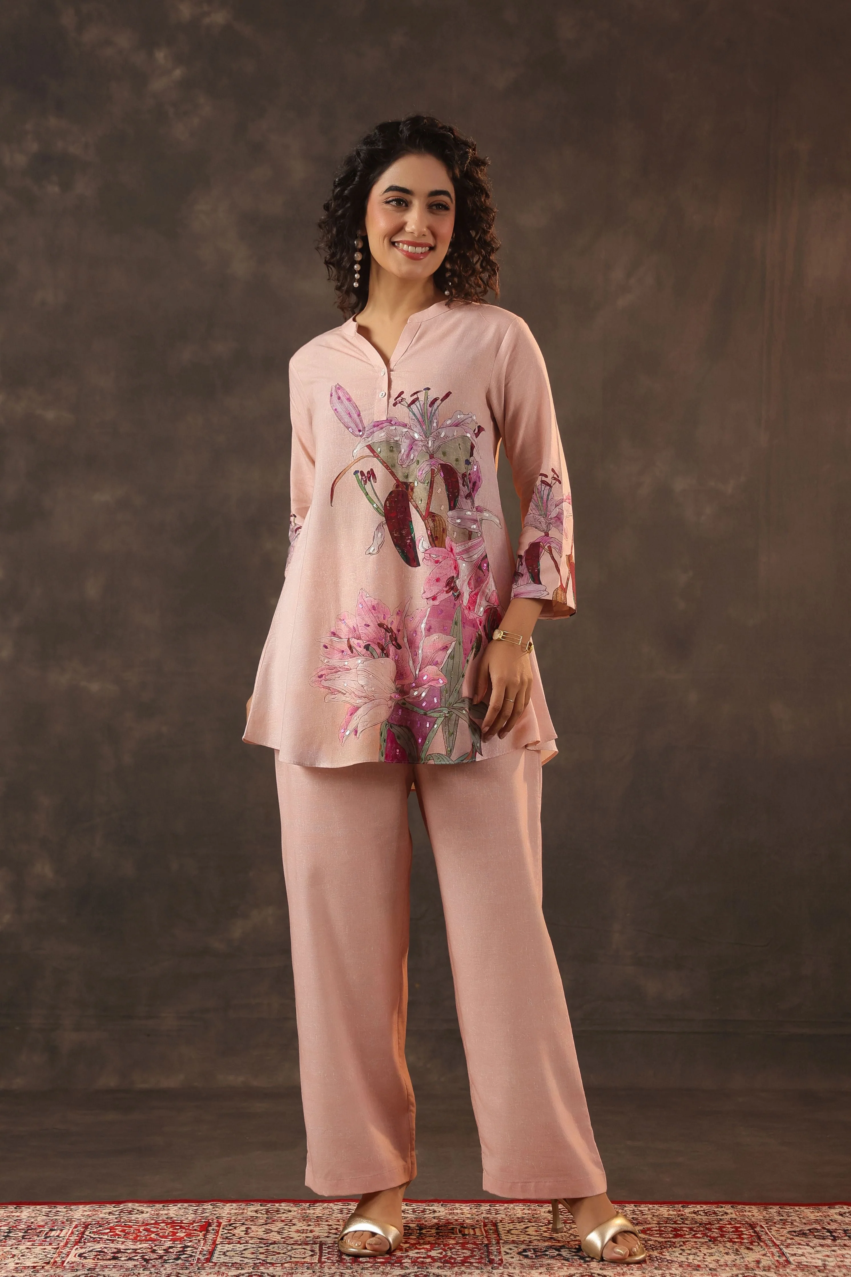 Petal Pink Embellished Linen Co-Ord Set