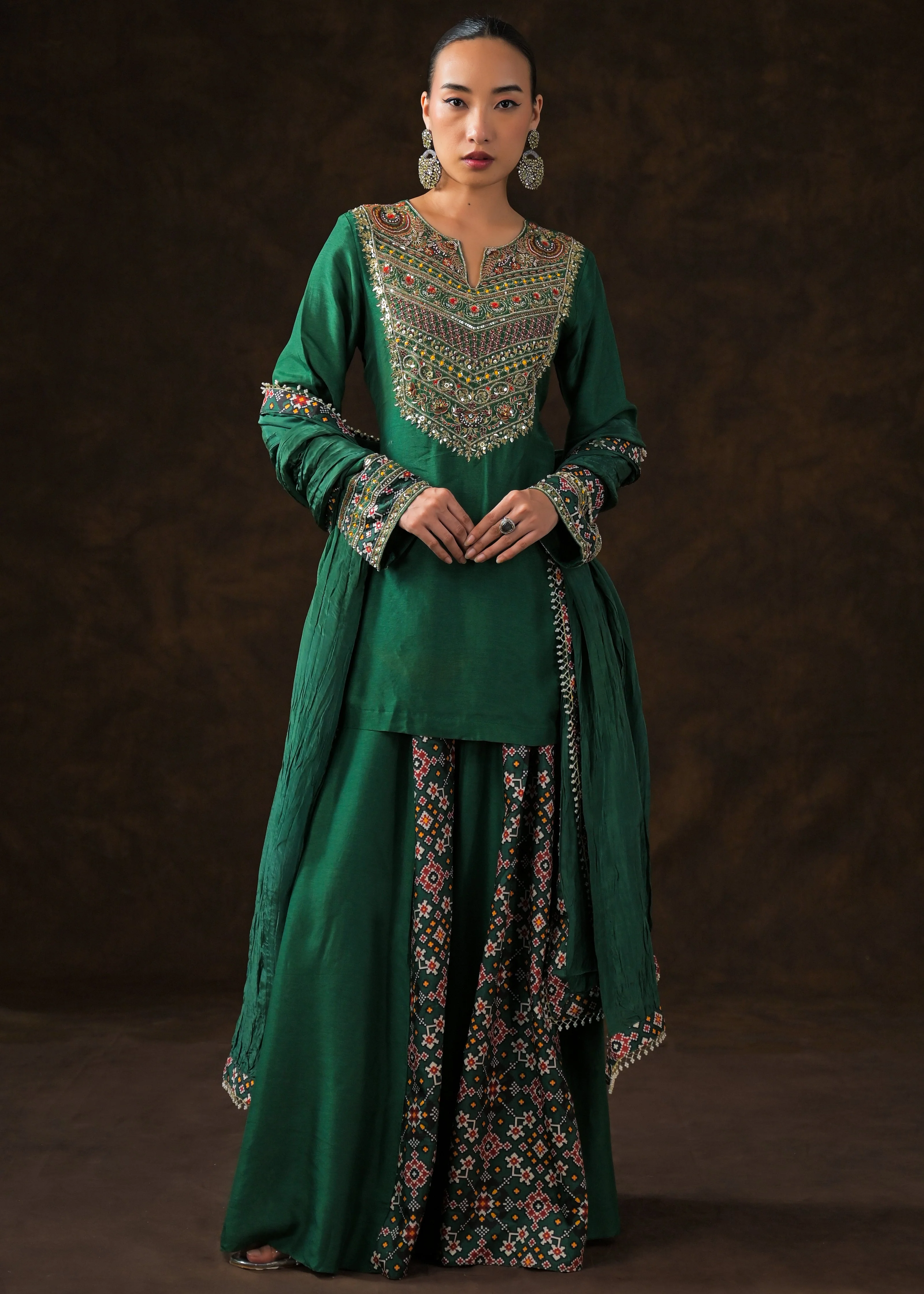 Emerald Green Embellished Raw Silk Palazzo Set