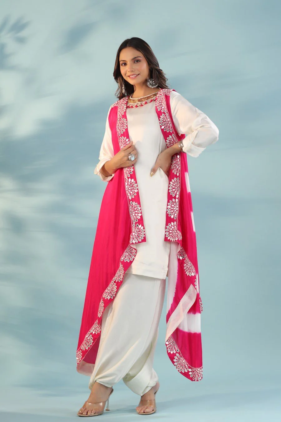 Pink Embellished Cape with Dhoti Pants & Tunic - Image 4