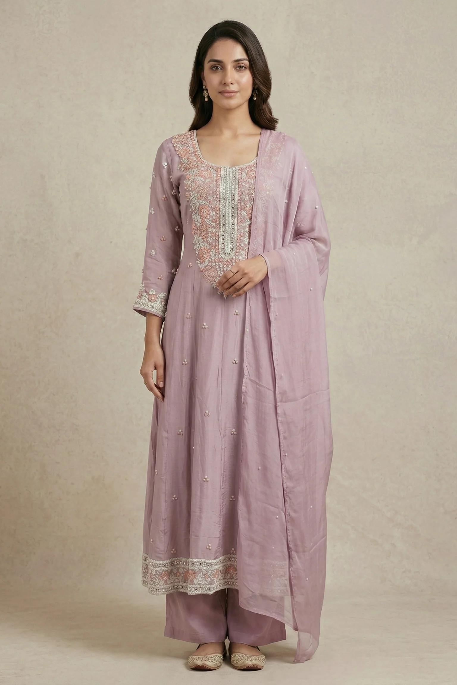Soft Lavender Embellished Crepe Silk Anarkali Set