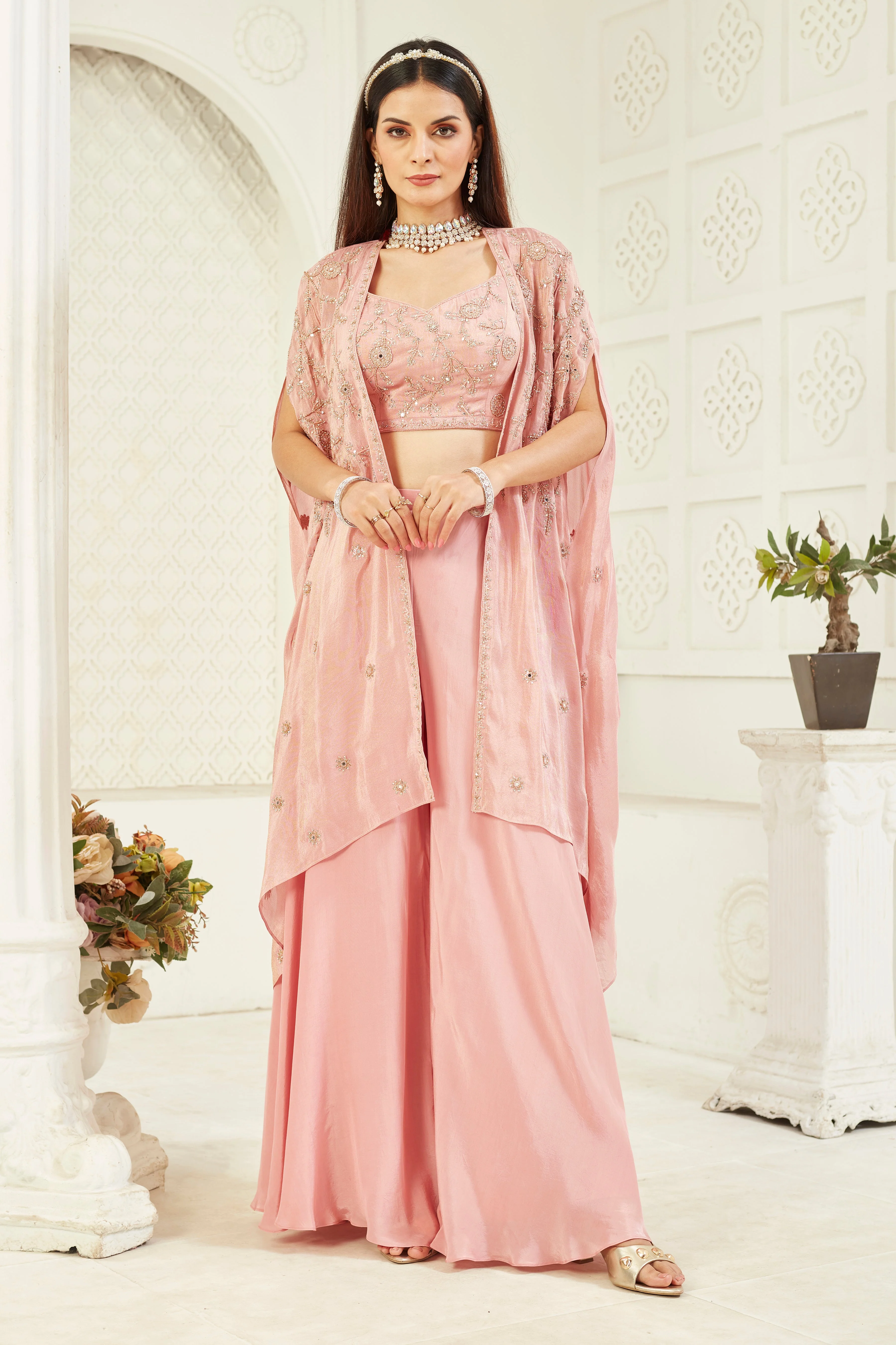 Pink Embellished Georgette Silk Cape Set