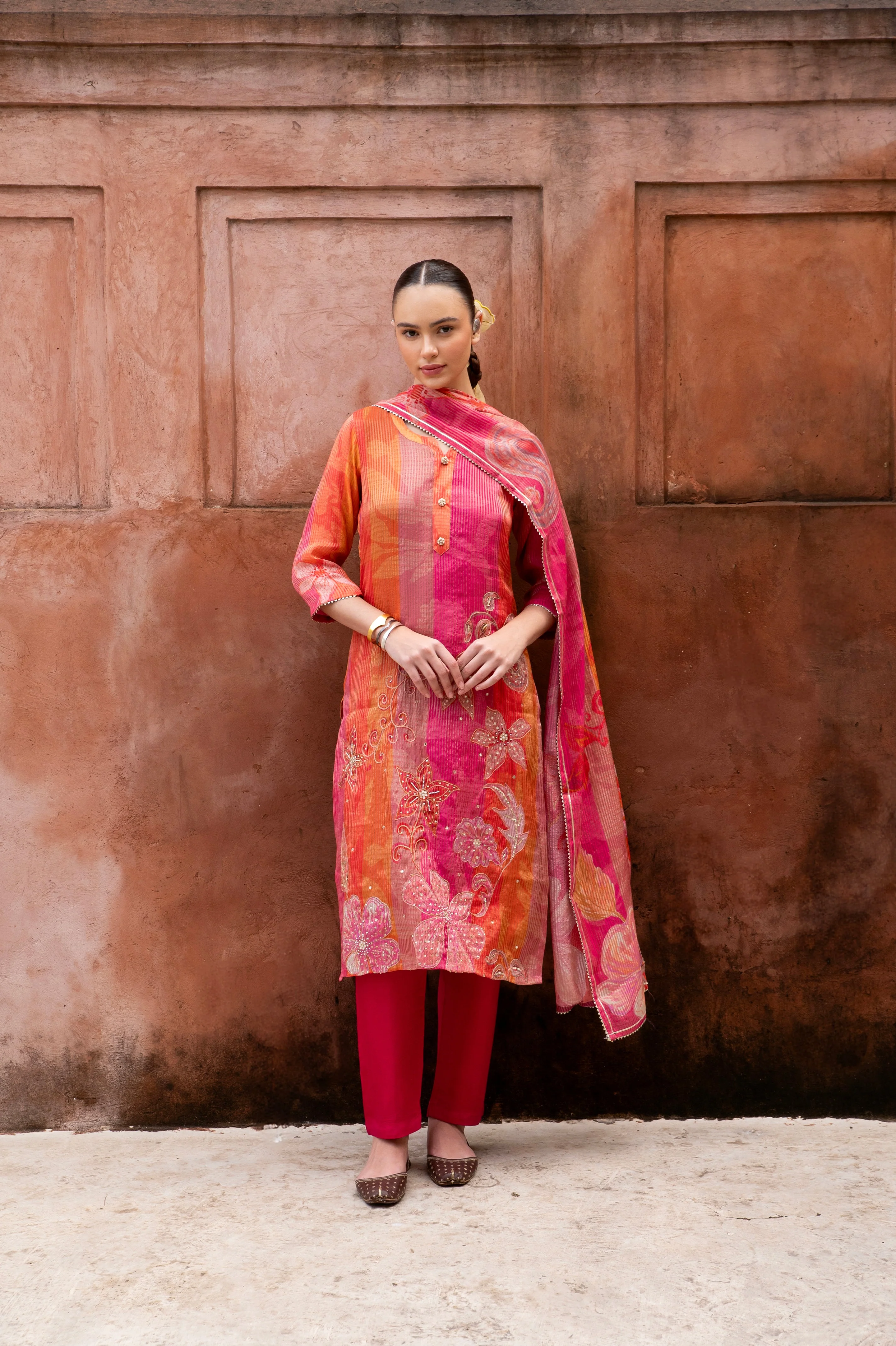 Pure Pink Embellished  Premium Silk Pant Set