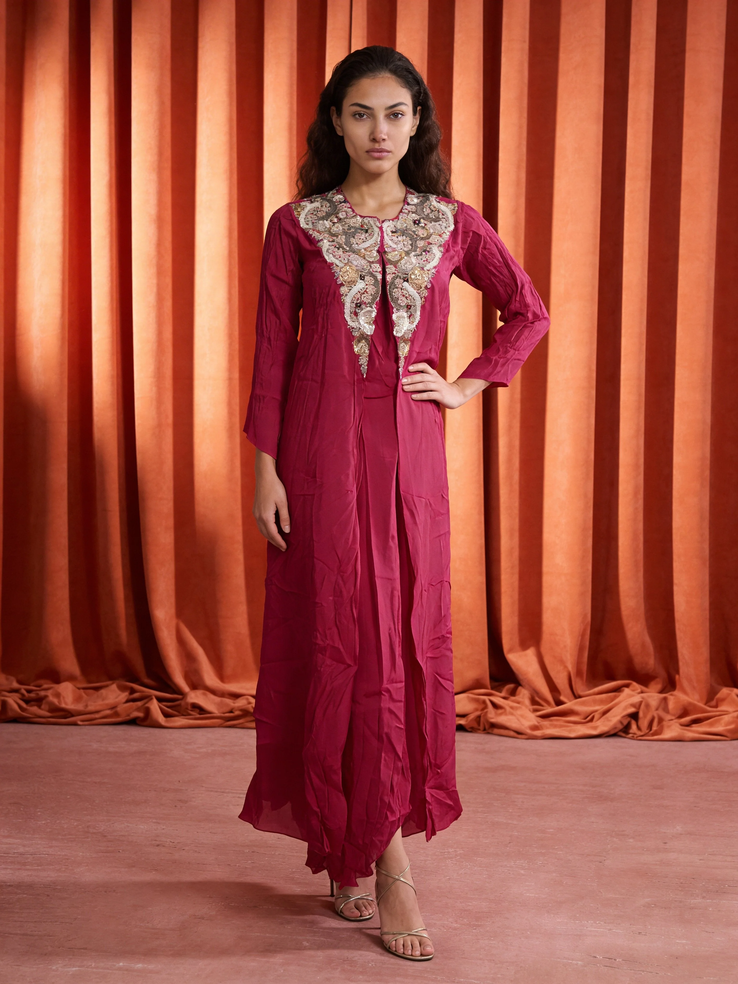 Rani Pink Embellished Georgette Silk Dress With Shrug