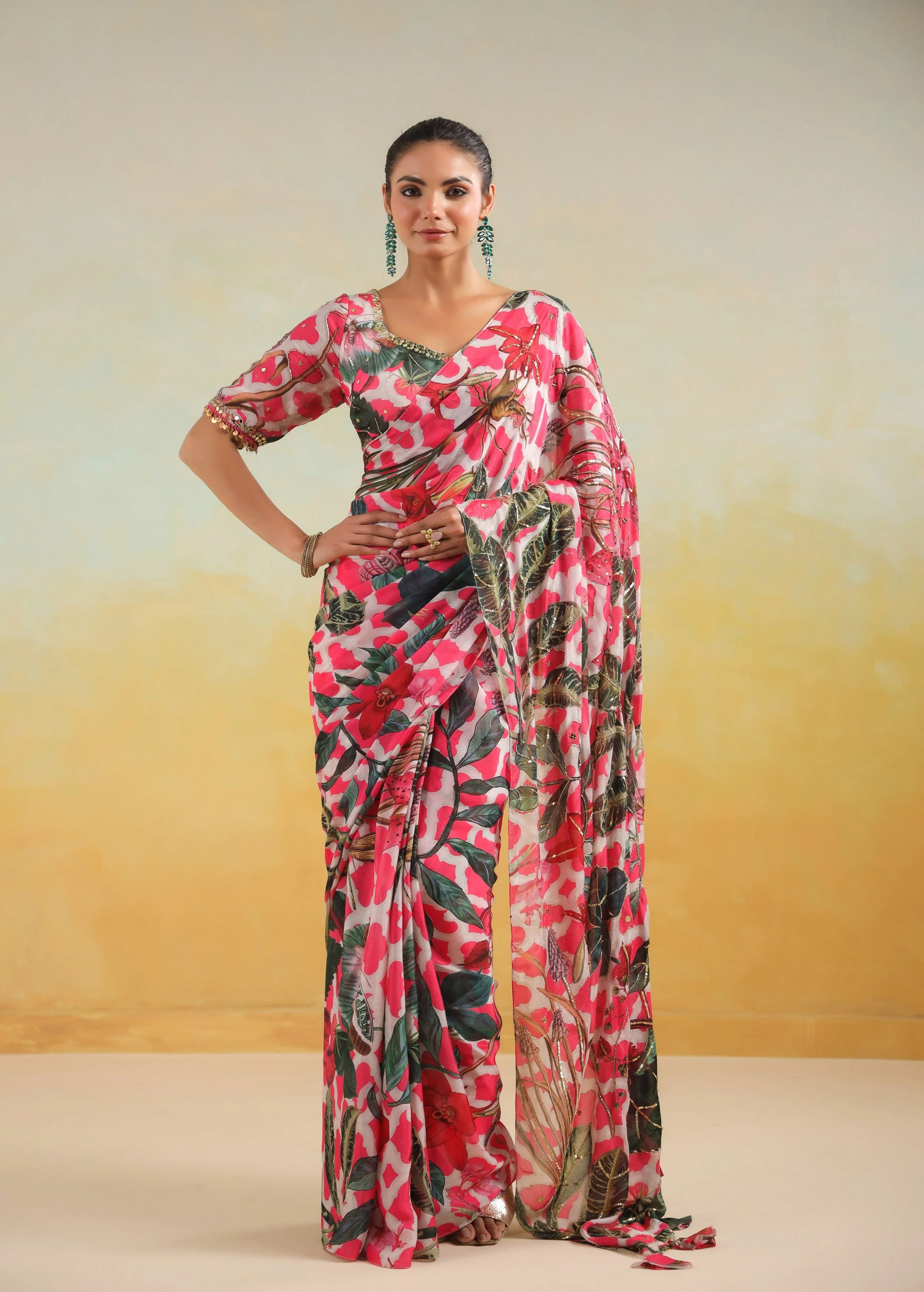 Fuchsia Pink Printed Chinon Silk Saree