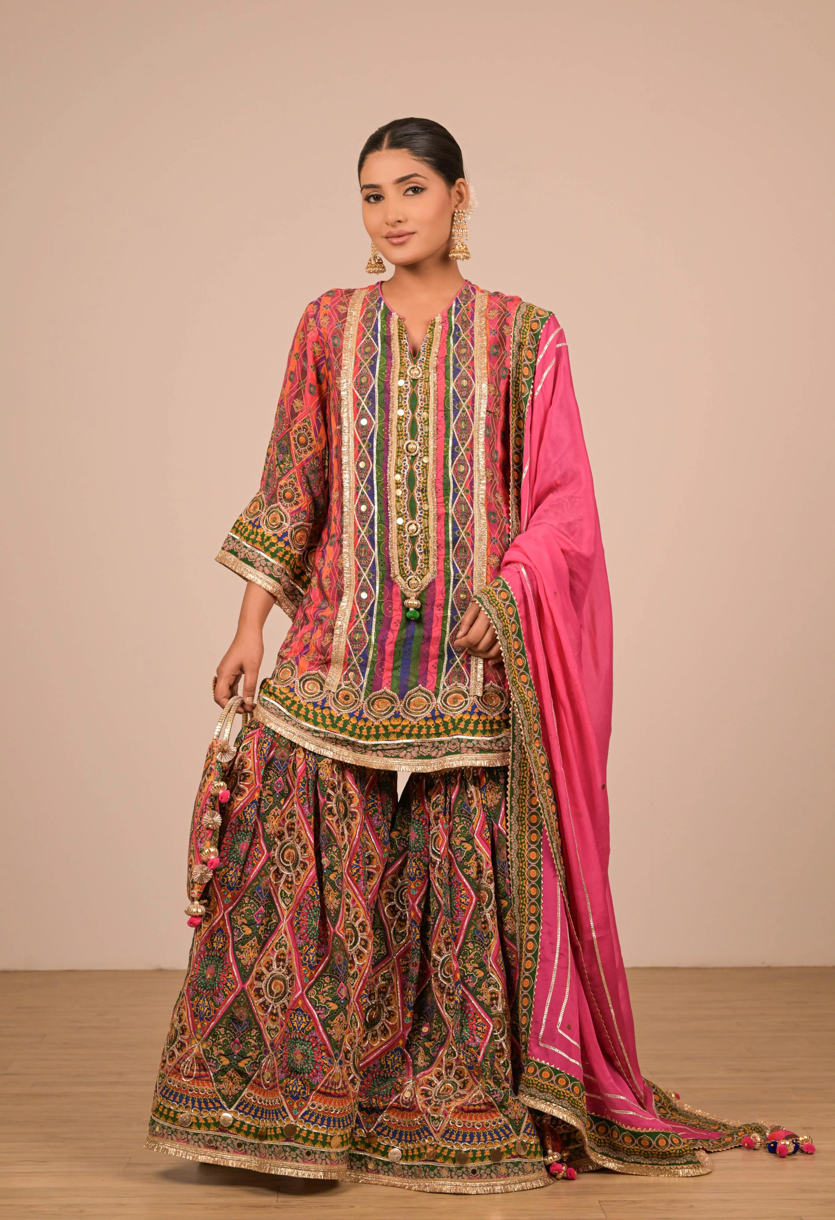 Pink & Green Multicolour Printed Sharara Set