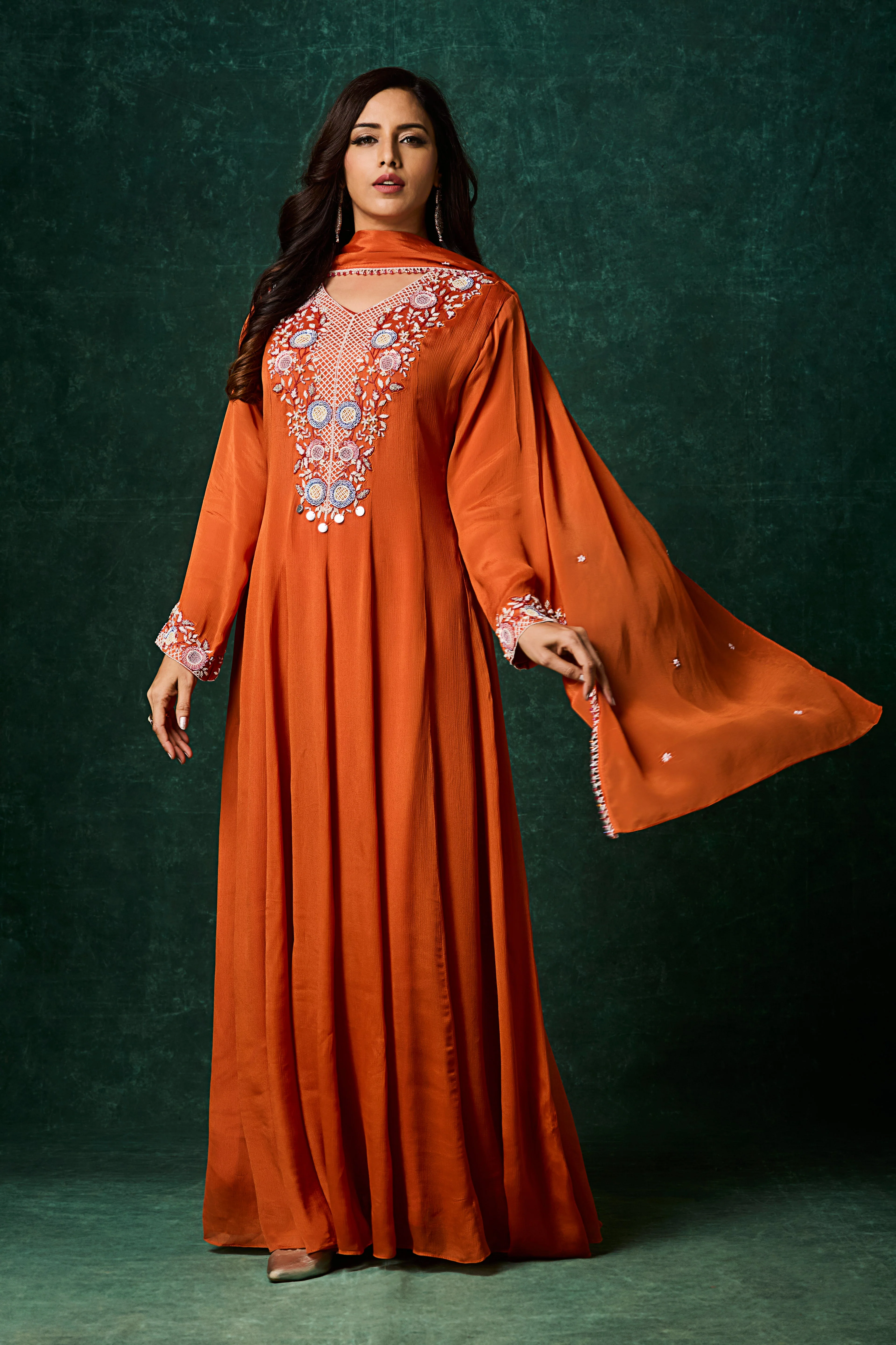 Deep Orange Embellished Chinon Silk Anarkali Set - Image 2